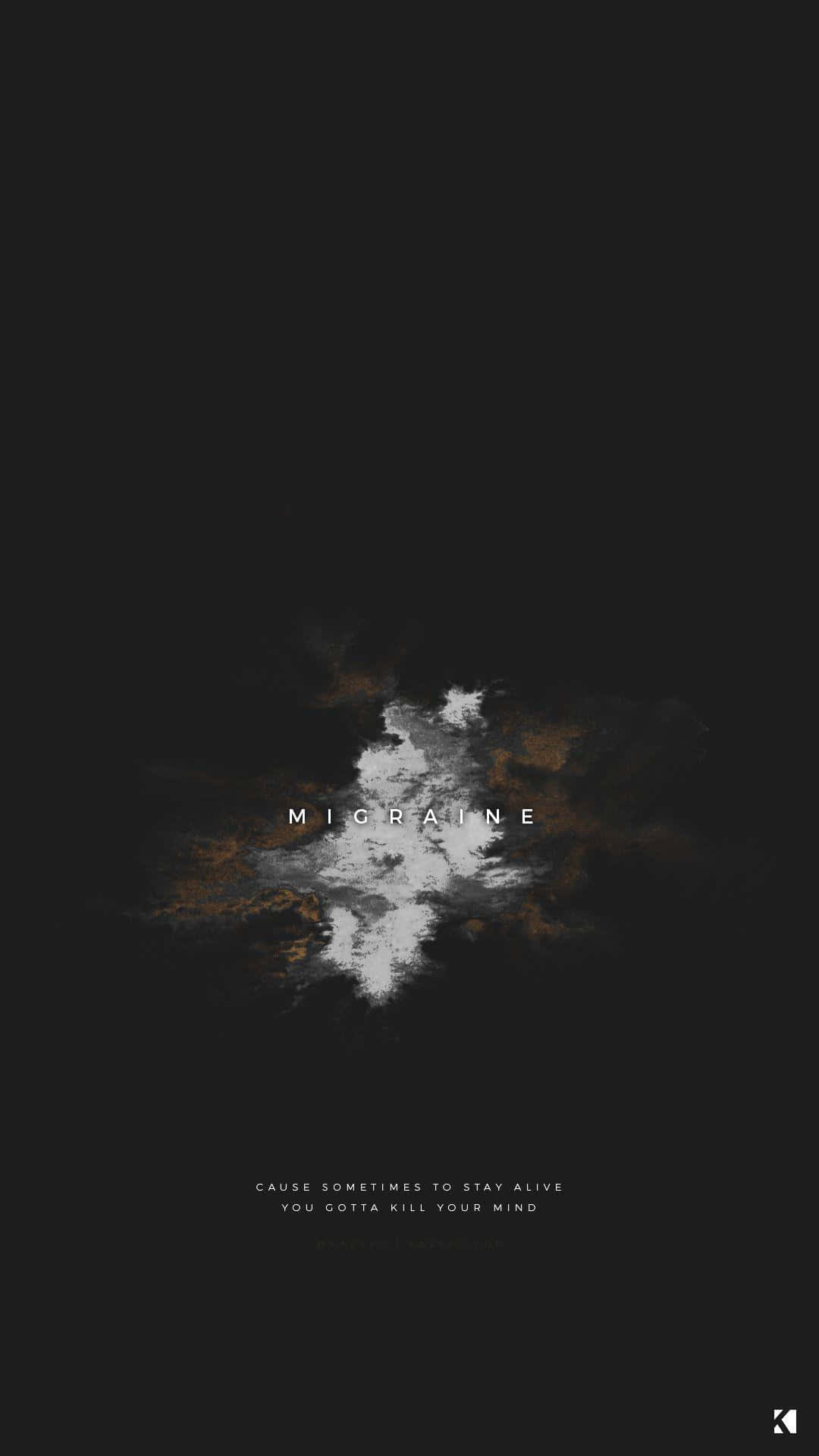 Aesthetic Black 桌布 壁紙 — 純黑色背景上，有白色和金色的抽象潑濺，下方有「偏頭痛」一詞和詩意文字。