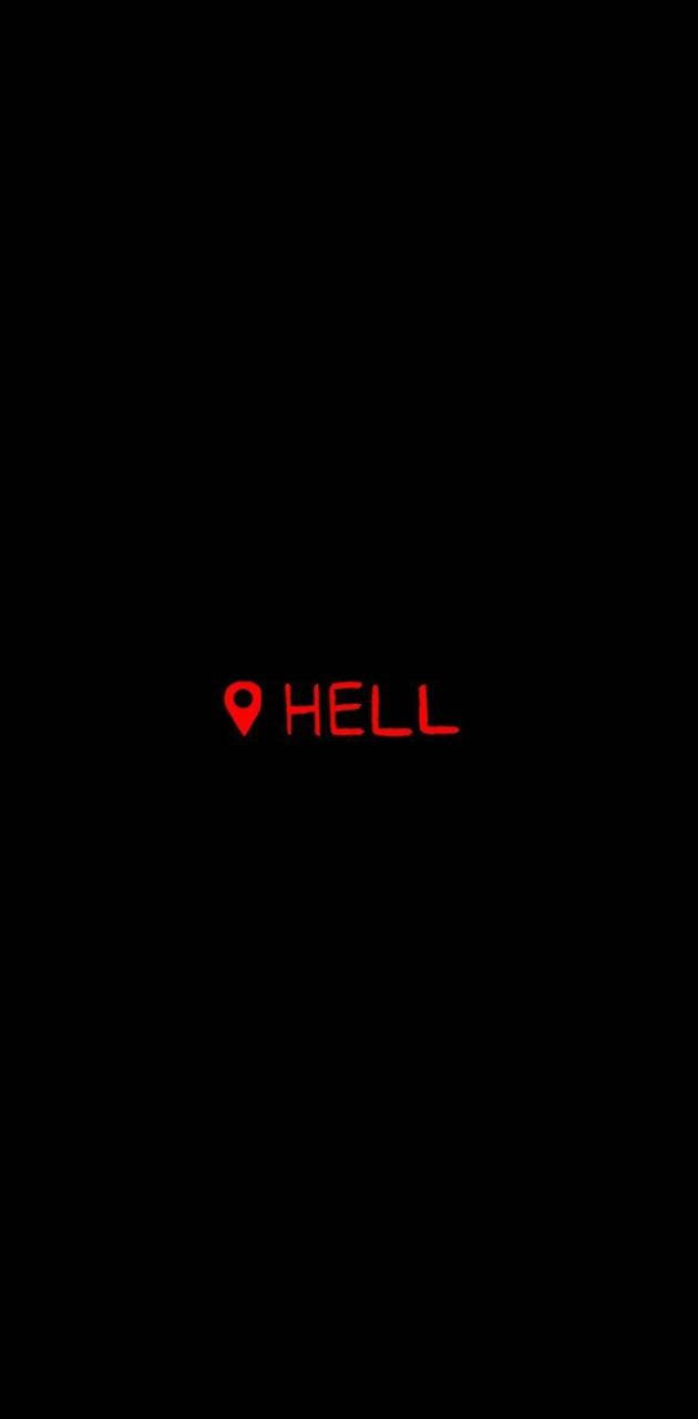 Hell 桌布 壁紙 — 純黑色背景上，發光紅色文字顯示「HELL」一詞，旁邊有一個紅色位置標記。