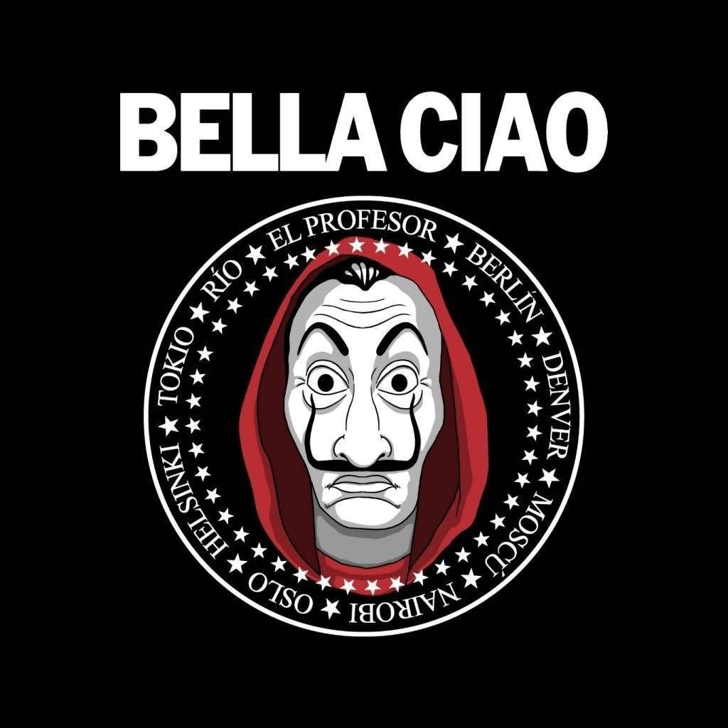 Money Heist Mask 桌布 壁紙 — 純黑色背景上有一個圓形徽章，中央是El Profesor戴面具的臉，周圍環繞全球城市名稱和星星，頂部有粗體白色文字寫著「BELLA CIAO」。