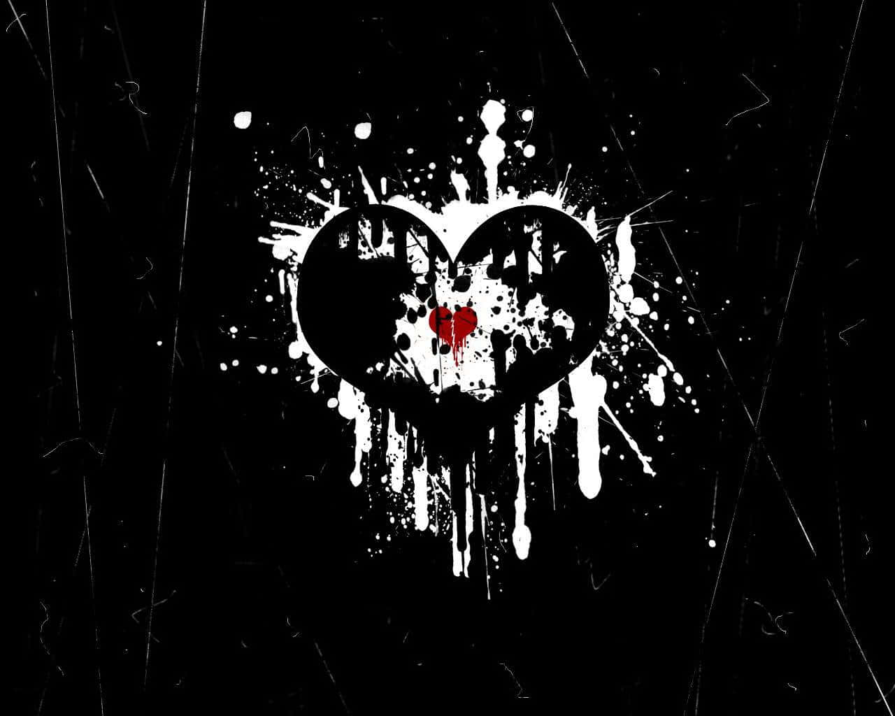 Dark Love 桌布 壁紙 — 純黑色背景上有一個大膽的白色潑濺心形，中心有一個紅色心形。
