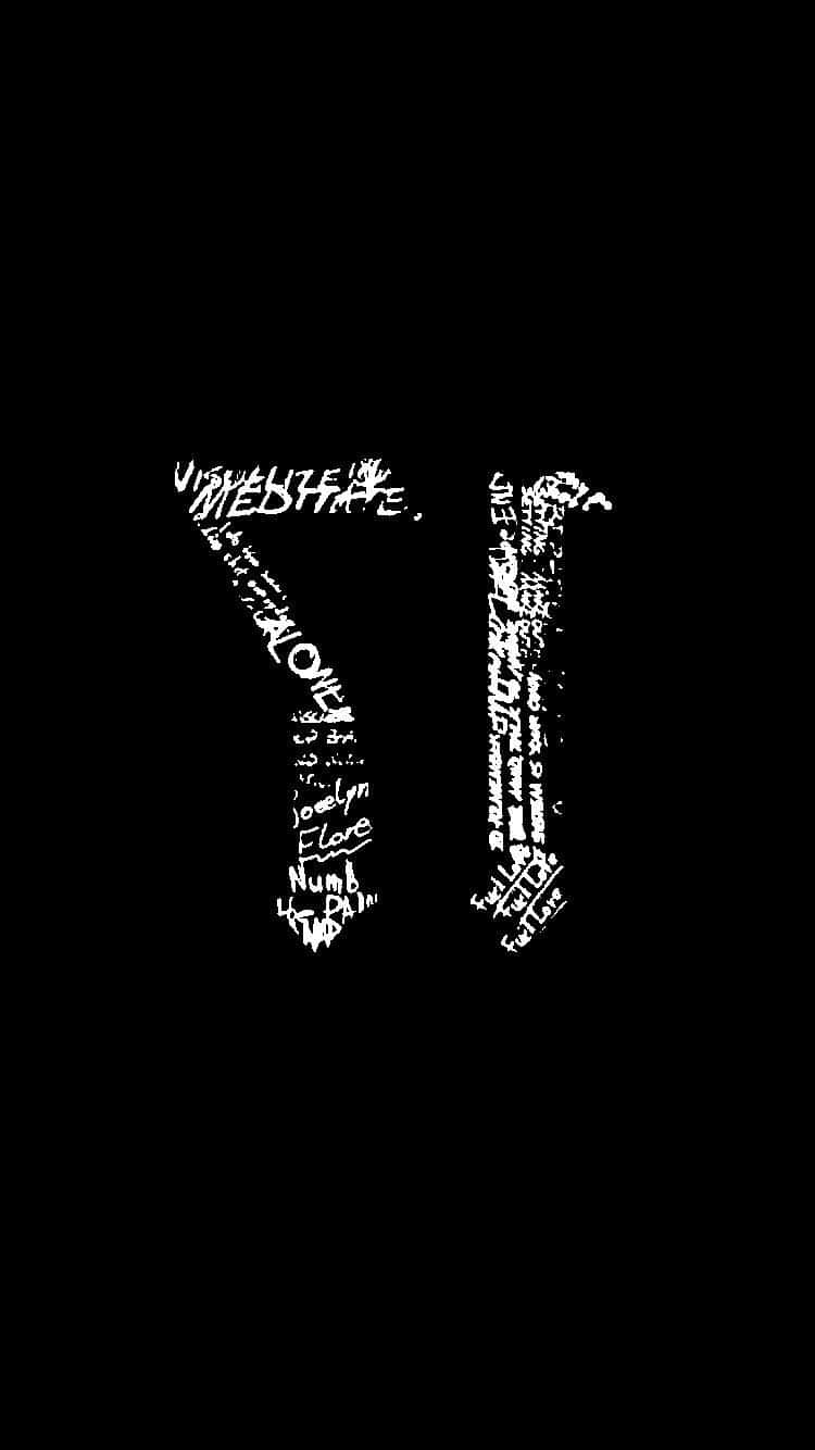 Black And White iPhone 桌布 壁紙 — 純黑色背景上有一個由混亂手寫歌曲名稱和藝術家名字組成的大型白色風格化字母「N」。