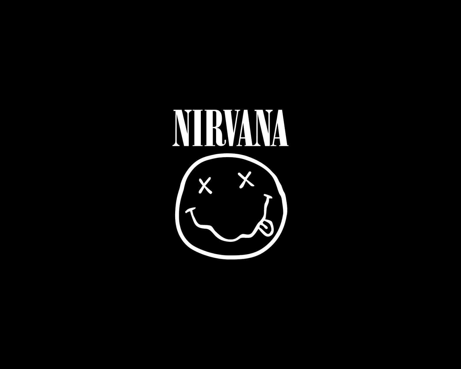 nirvana 桌布 壁紙 — 純黑色背景上的白色Nirvana標誌，帶有笑臉。