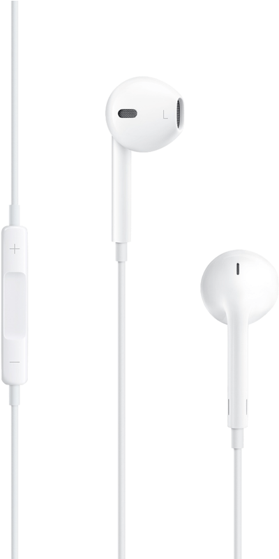 AirPods 桌布 壁紙 — 純黑色背景上的白色入耳式耳機，帶有線控和麥克風。