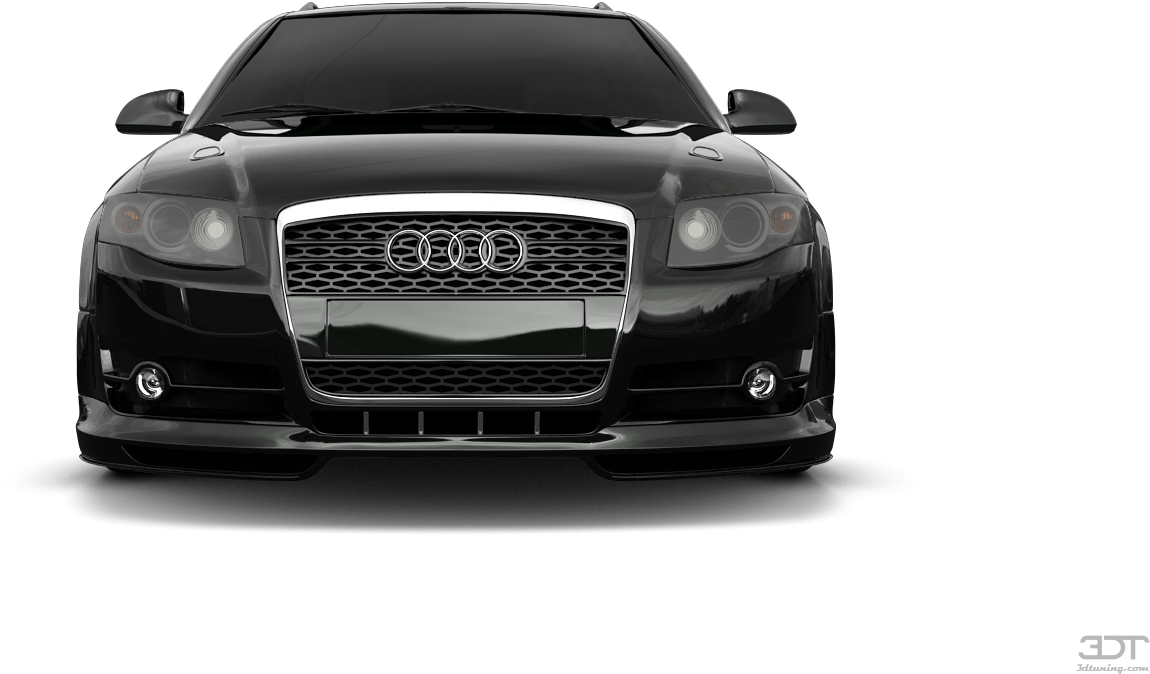 Black Car 桌布 壁紙 — 純黑色背景前，一輛亮黑色奧迪轎車的正面視圖，帶有鍍鉻飾條和侵略性造型。