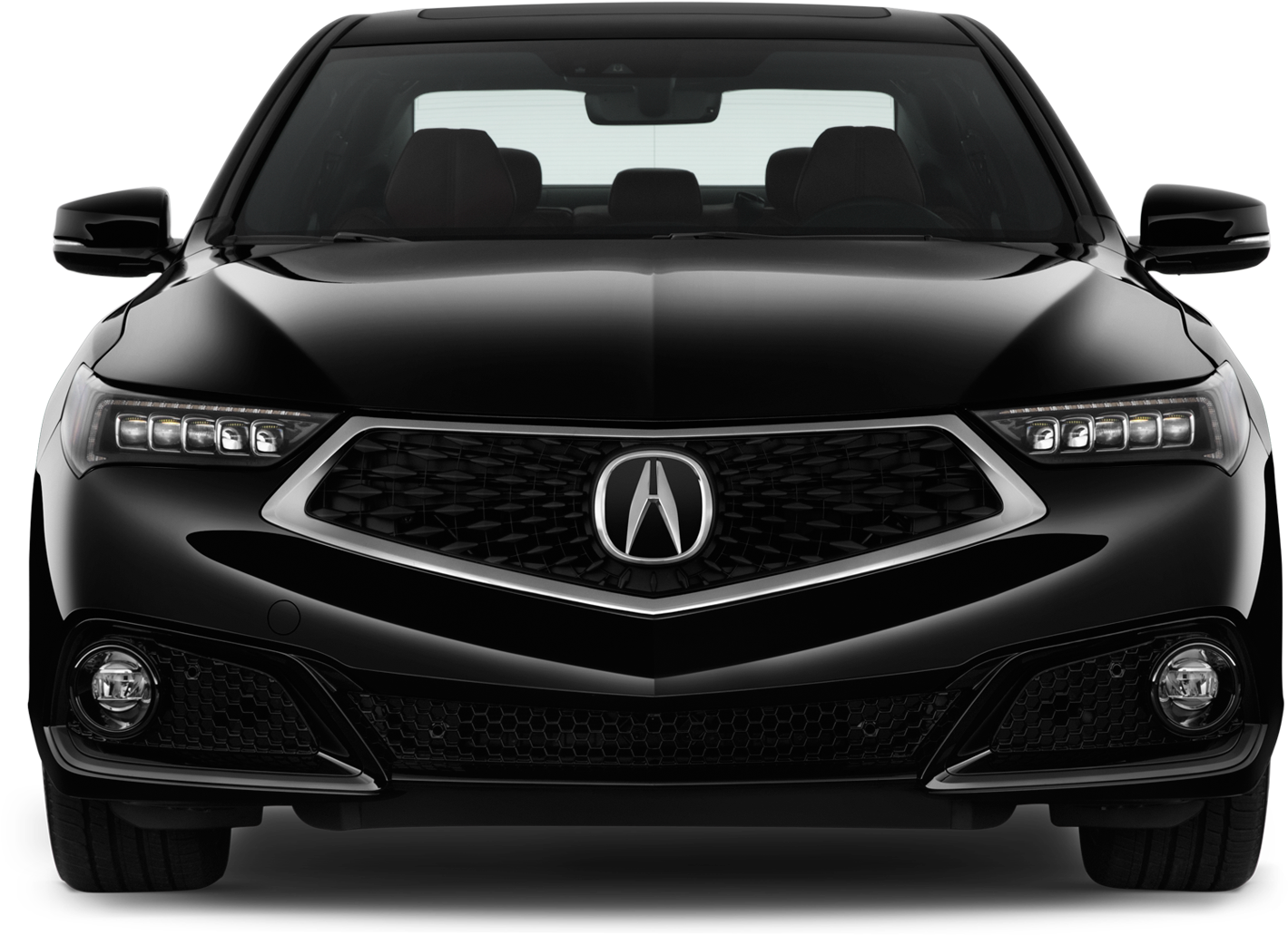 Acura 桌布 壁紙 — 純黑色背景前，一輛時尚黑色Acura轎車的正面視圖，帶有鍍鉻飾條和銳利的LED頭燈。