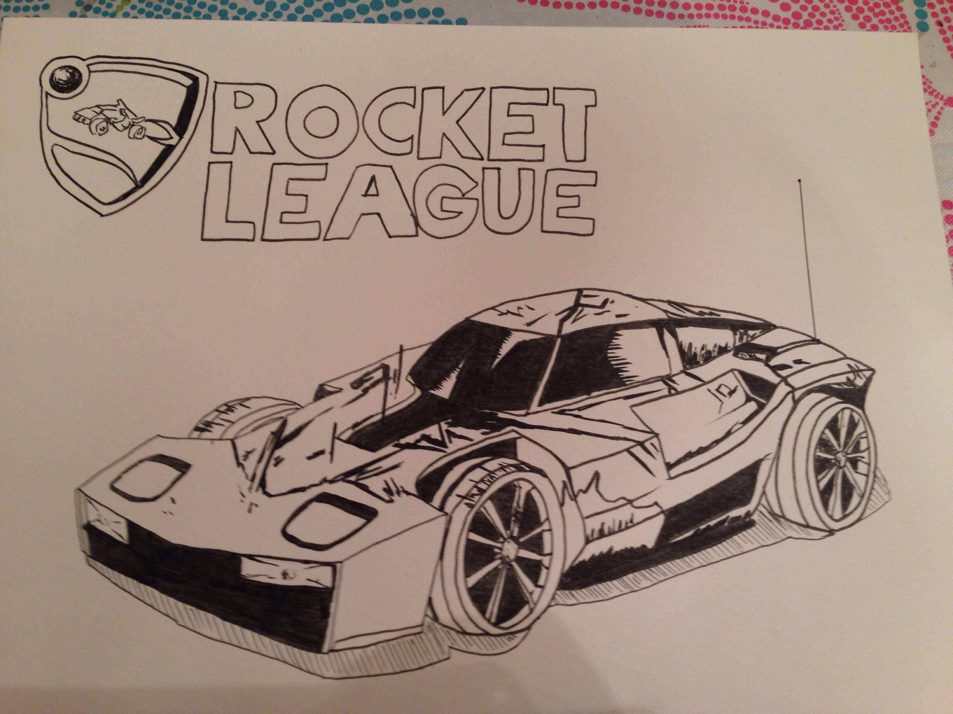 火箭聯盟 桌布 壁紙 — 紙上黑白墨水繪畫的Rocket League賽車，上方有遊戲標誌。