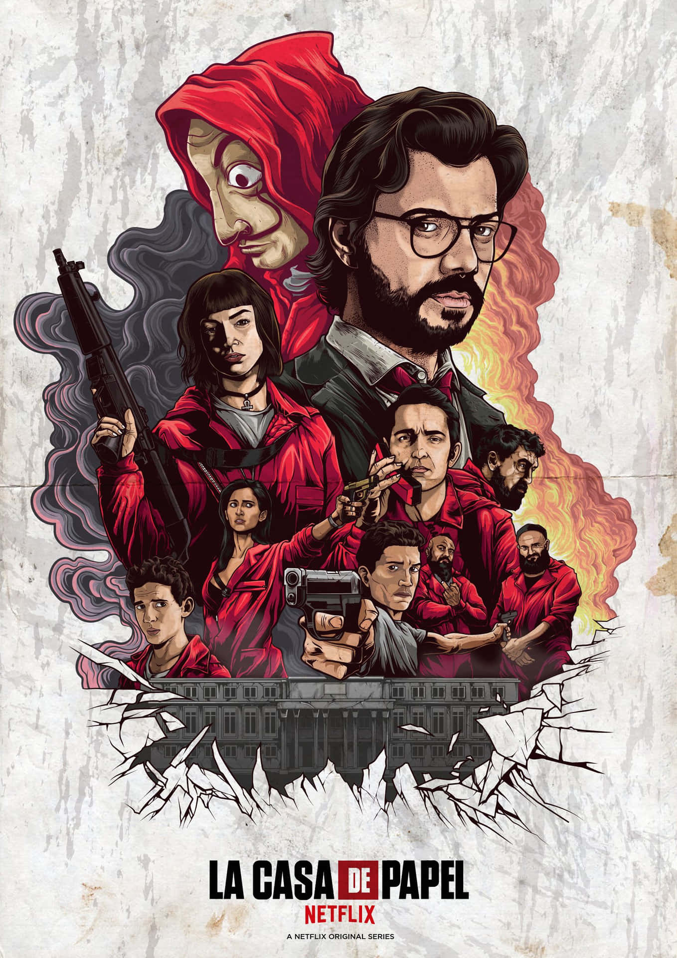 Money Heist Mask 桌布 壁紙 — 《紙房子》劫匪團隊持槍衝破裂牆的戲劇性插圖海報，表情強烈。