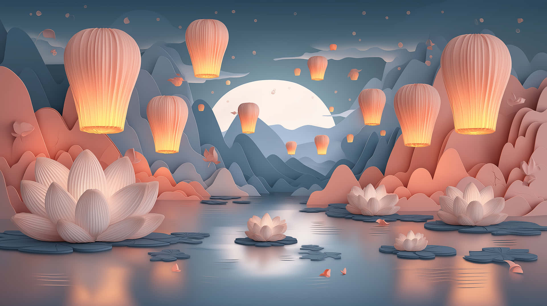 A glowing moon, lotus flowers floating on the water 壁紙 — 紙燈籠在滿月下，在一個有白色蓮花和風格化山脈的寧靜湖泊上溫暖地發光。