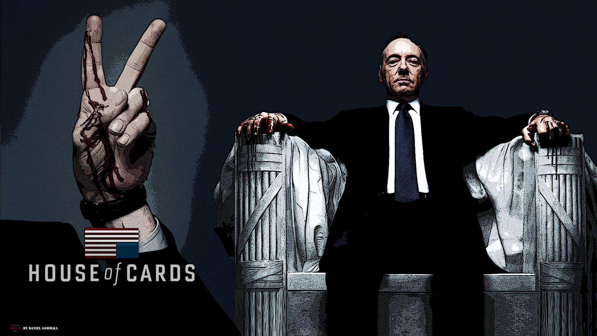 house of cards 桌布 壁紙 — 《紙牌屋》法蘭克·安德伍德站在兩根柱子之間，旁邊有一隻沾滿血跡的和平手勢的黑暗風格插圖。