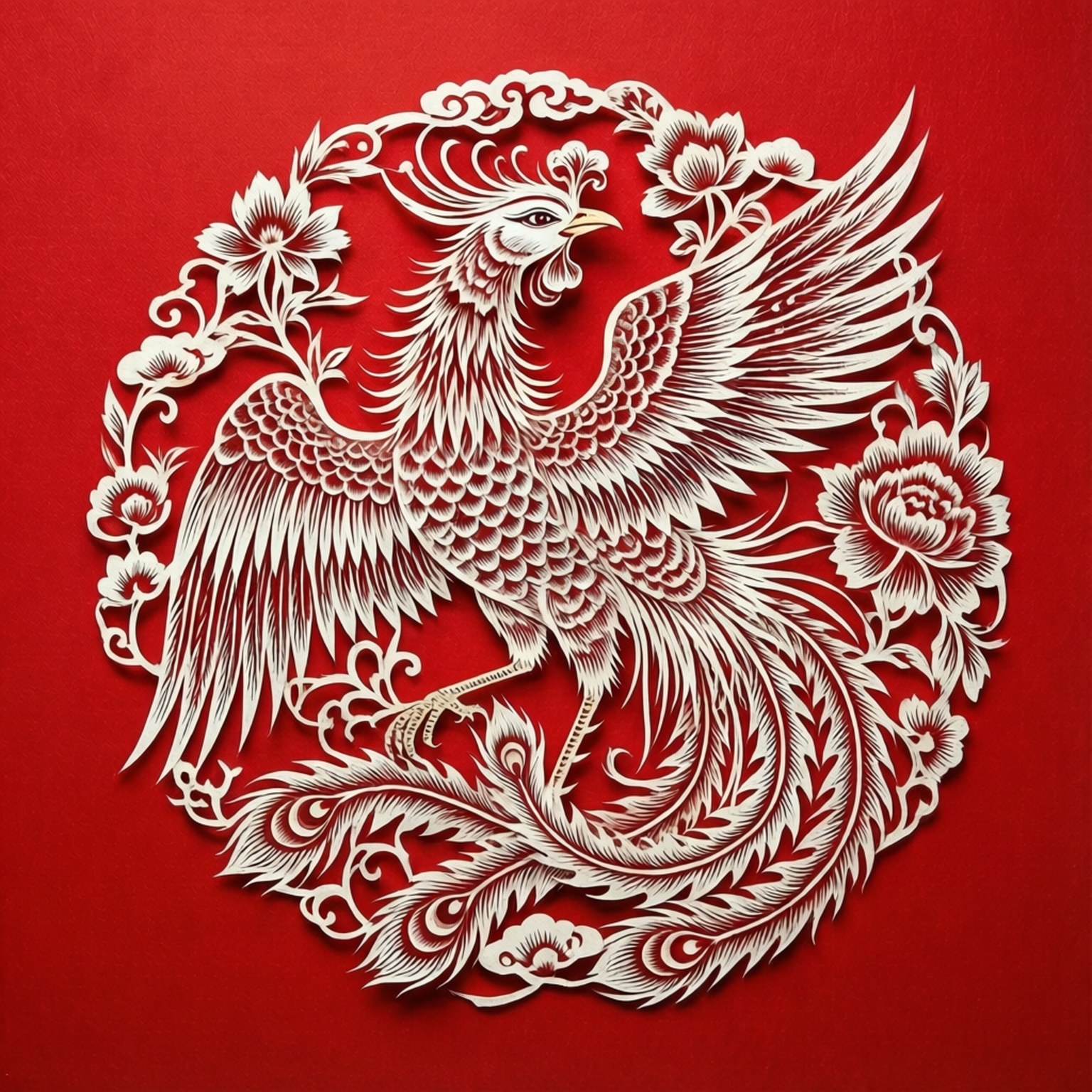 紙雕鳳凰 壁紙 — 一隻精緻的白色紙雕鳳凰，帶有細緻的羽毛和花卉圖案，傲然矗立在鮮紅色的背景上。