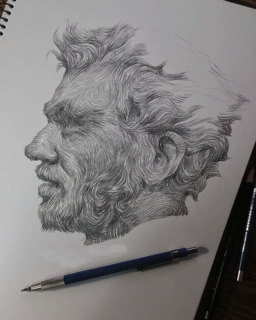 sketch 桌布 壁紙 — 素描簿上一個男人側面的詳細鉛筆素描，頭髮和鬍鬚狂野，附近放著鉛筆。