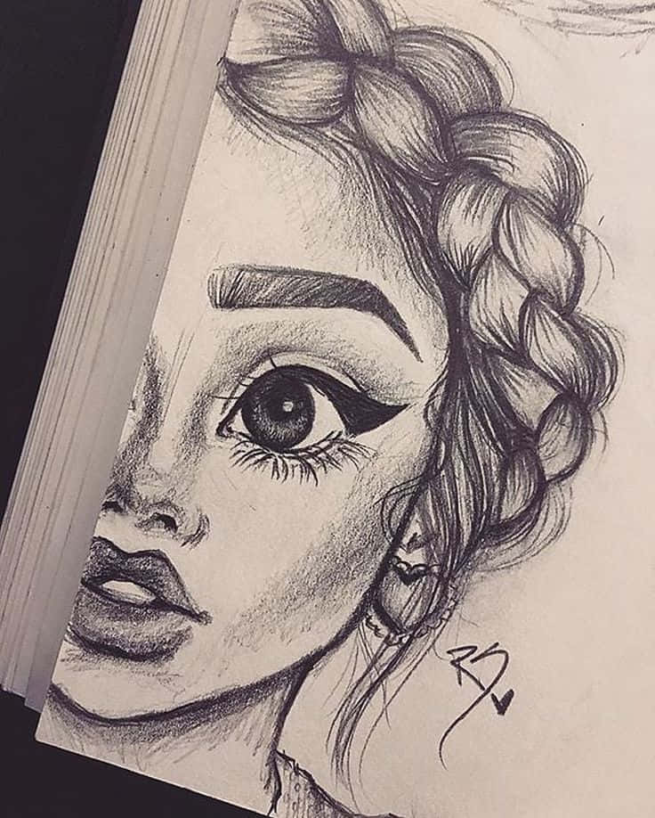 女孩 桌布 壁紙 — 素描簿頁面上一個詳細的鉛筆素描，描繪一位女性面孔，帶有辮子髮型和富有表現力的眼睛。