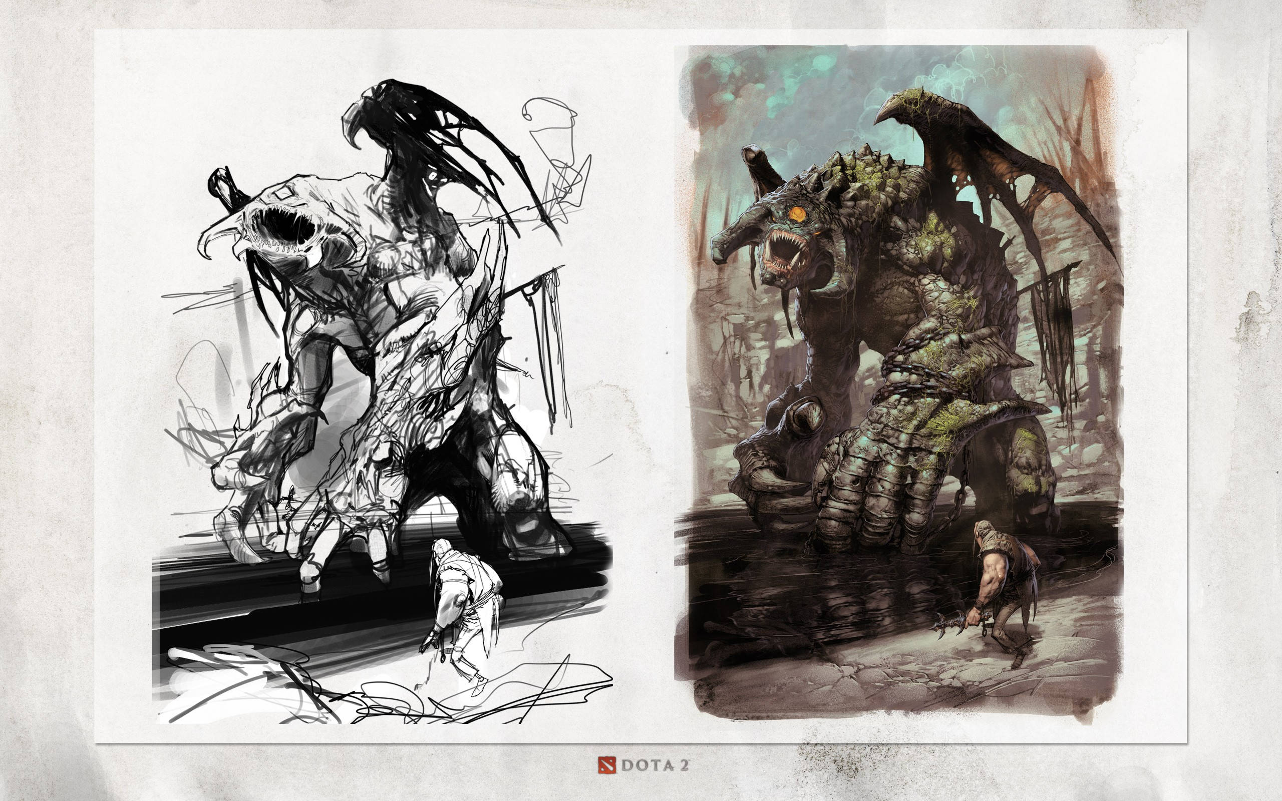 dota 2 4K 桌布 壁紙 — 素描簿頁面展示了一個怪物生物的設計演變，從粗糙的木炭線條到帶有發光眼睛的詳細水彩畫。