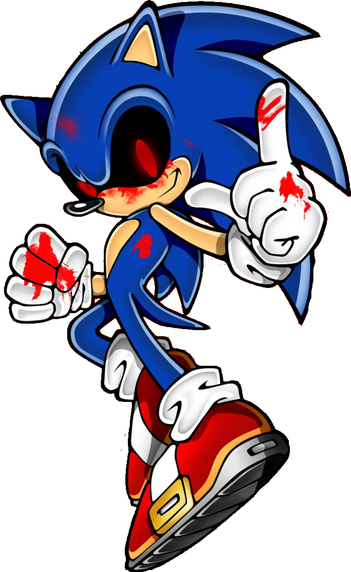 Sonic Exe 桌布 壁紙 — 索尼克（Sonic the Hedgehog）滿臉鮮血、手套沾血，在濺滿黑白背景上挑釁地豎起中指。