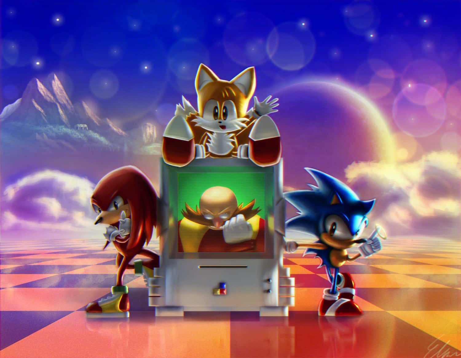 Sonic Art 桌布 壁紙 — 索尼克、納克魯斯和塔爾斯挑釁地站在一台發光的街機周圍，裡面有蛋頭博士，背景是星光閃爍的黃昏天空。