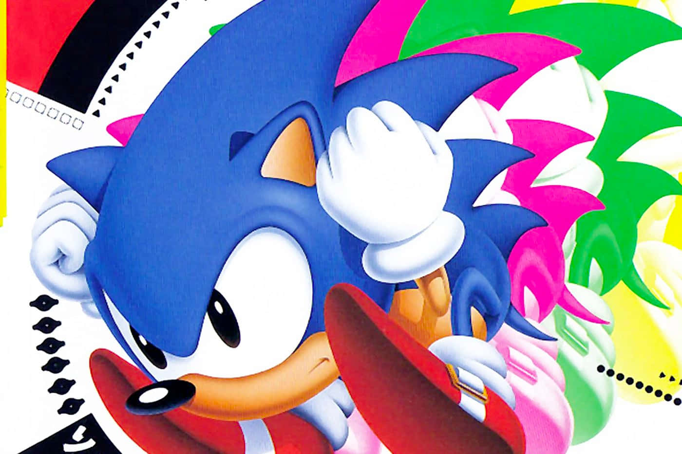 Classic Sonic 桌布 壁紙 — 索尼克刺蝟帶著堅定的笑容，在充滿動感的抽象色彩背景中向前衝刺。