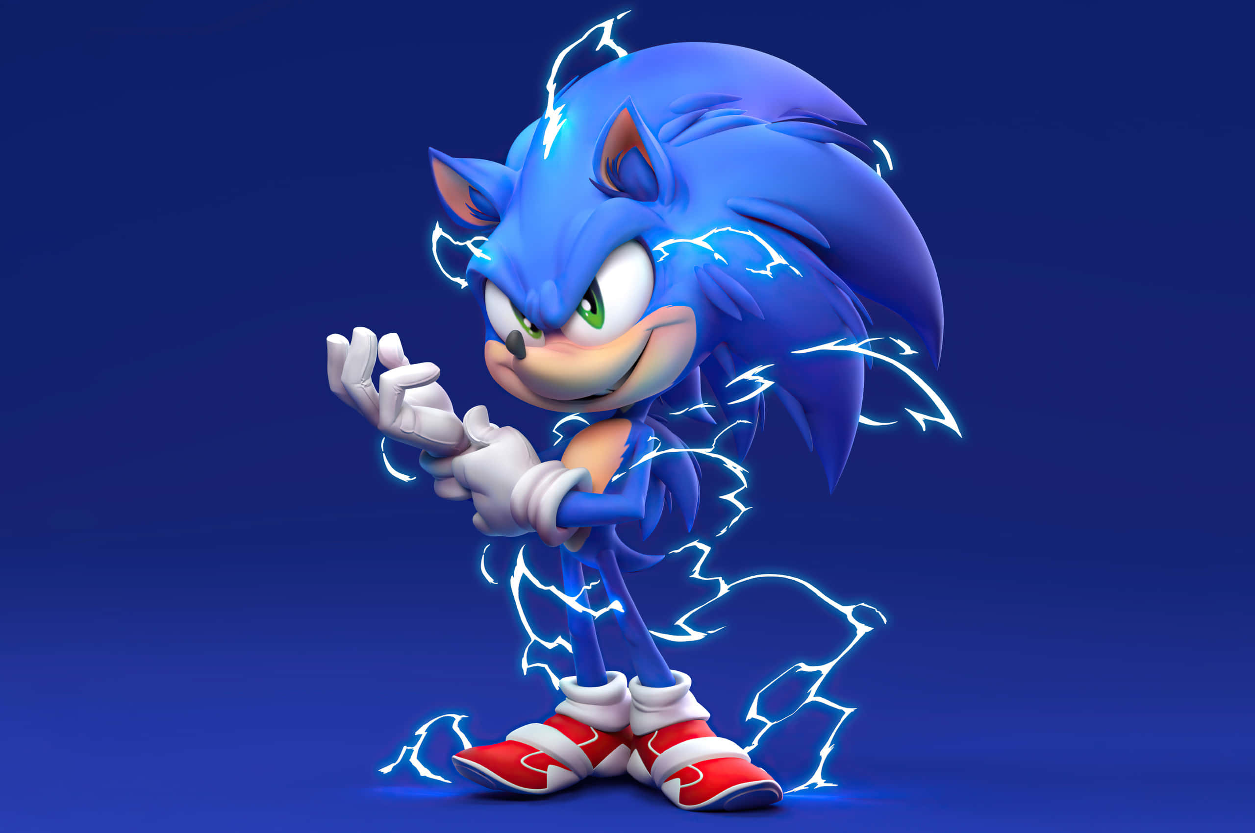 Sonic Art 桌布 壁紙 — 索尼克刺蝟站在深藍色漸變背景前，帶電的藍色閃電在他尖刺的藍色刺毛和紅色鞋子周圍劈啪作響。