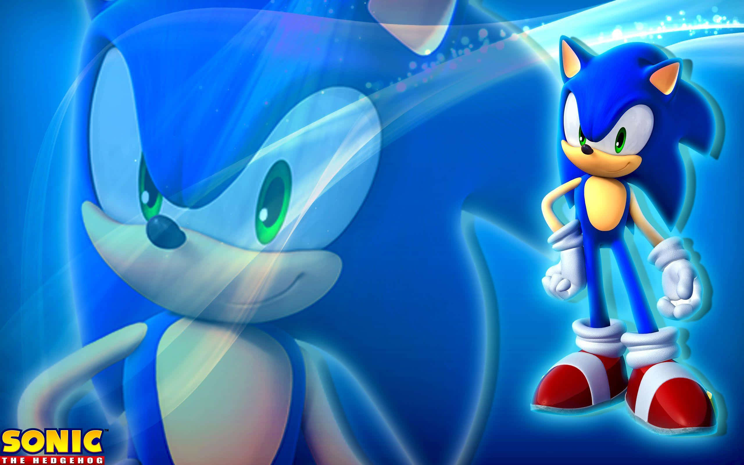 Sonic The Hedgehog 桌布 壁紙 — 索尼克刺蝟自信地站在動態藍色能量背景前，帶有發光的條紋和半透明的面部疊加層。