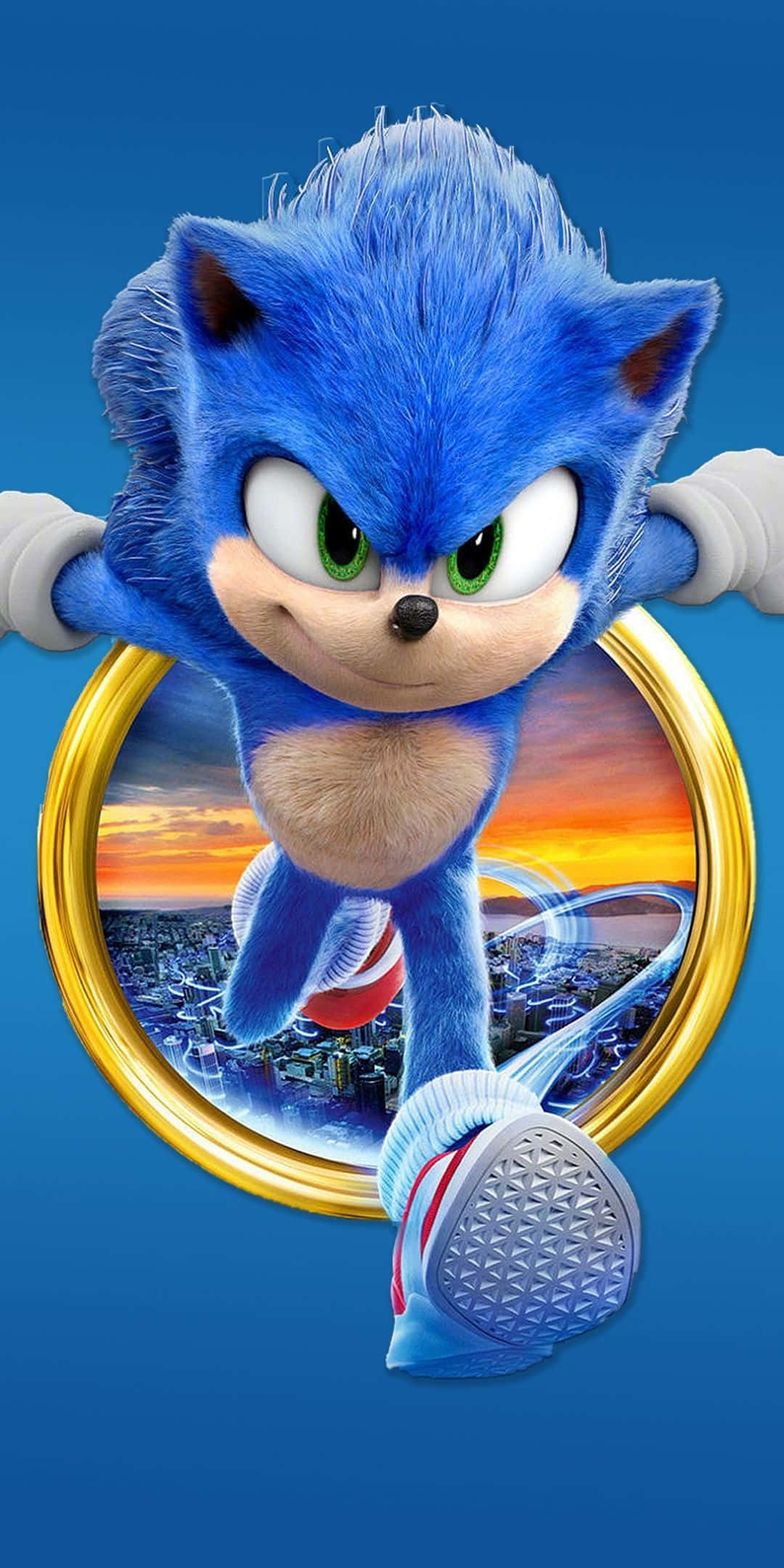 Sonic Dash 桌布 壁紙 — 索尼克刺蝟衝破金色圓環，背景是藍色天空和日落時分的城市天際線。