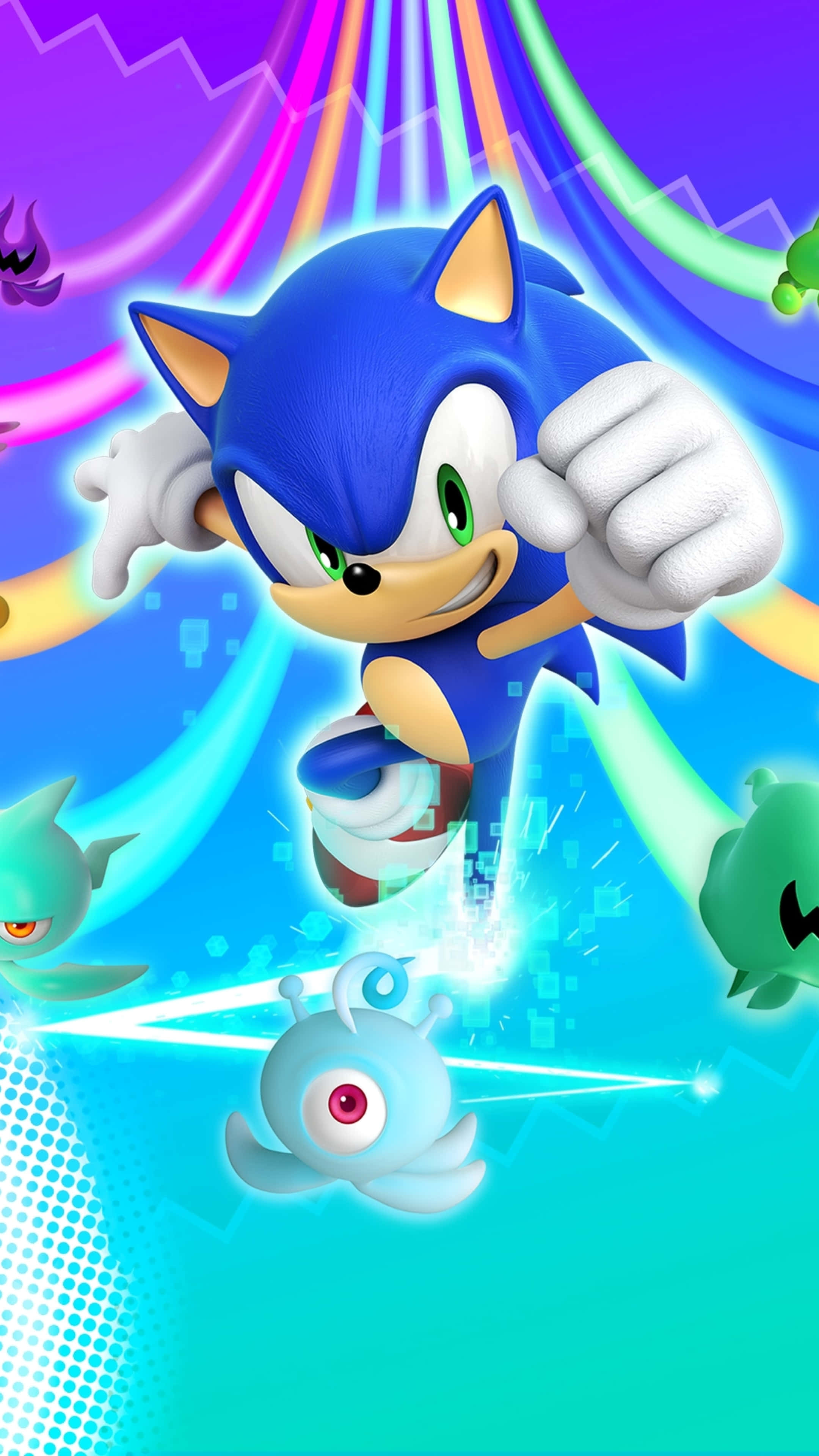 Classic Sonic 桌布 壁紙 — 索尼克向前衝刺，伴隨著發光的軌跡和漂浮的敵人，背景是充滿活力的霓虹色。