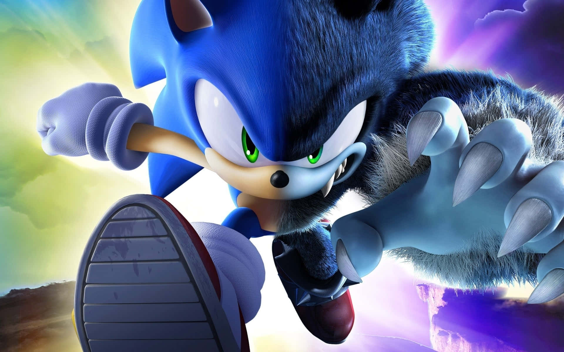 Sonic The Hedgehog Characters 桌布 壁紙 — 索尼克向前衝刺，擁有發光的綠色眼睛和尖刺的藍色毛髮，背景是充滿活力的漸變天空。