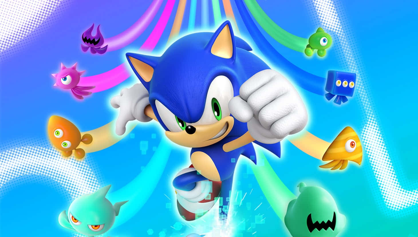 Sonic Colors 桌布 壁紙 — 索尼克向前衝刺，臉上掛著笑容，周圍是色彩繽紛的漂浮敵人，背景是充滿活力的藍色。