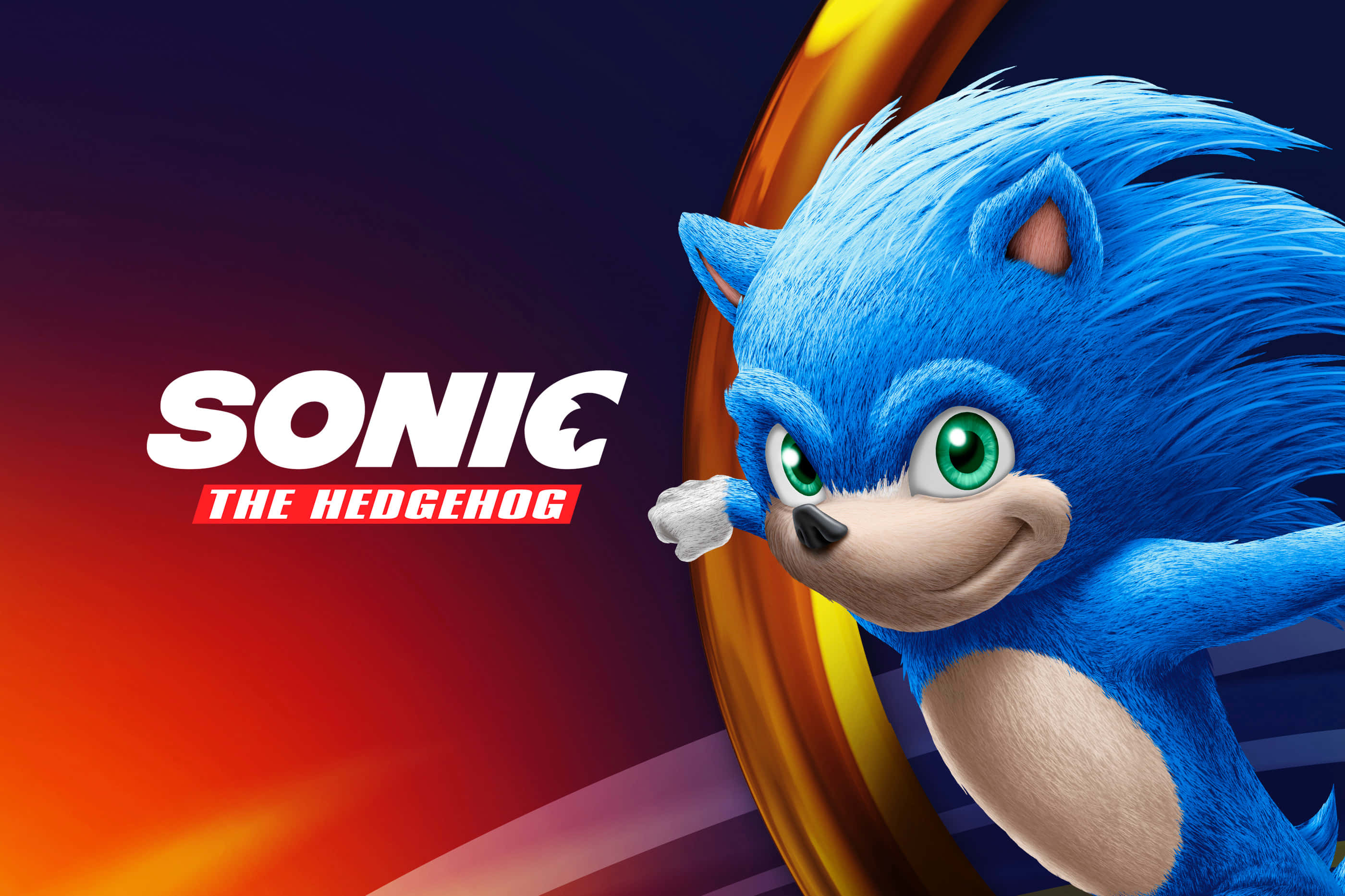 Sonic Logo 桌布 壁紙 — 索尼克向前衝刺，臉上掛著笑容，背景是火橙色和深藍色的漸變。