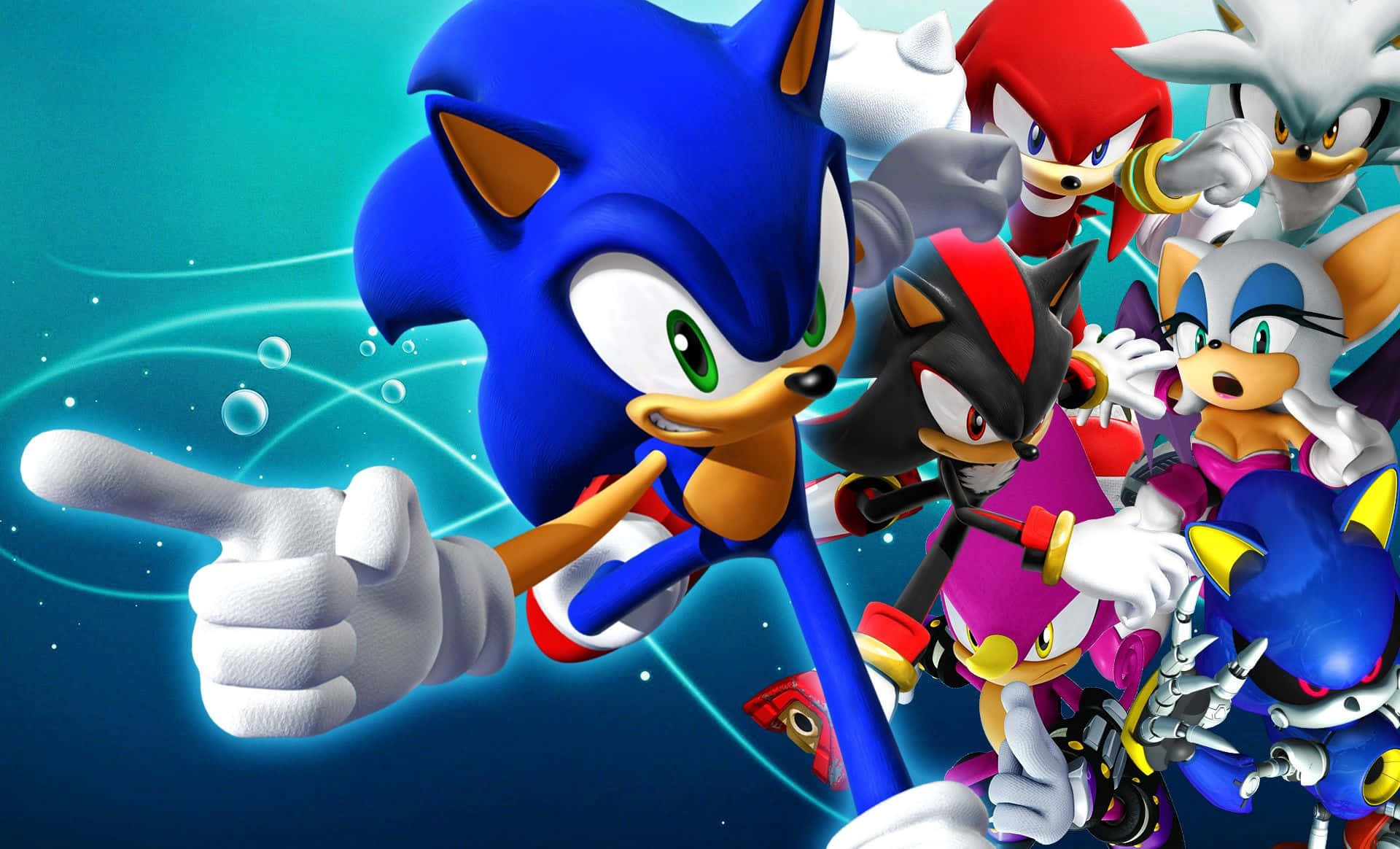 Sonic Characters 桌布 壁紙 — 索尼克和他的朋友們在發光的藍色背景前，伴隨著旋轉的能量線條和漂浮的氣泡，擺出充滿動感的姿勢。