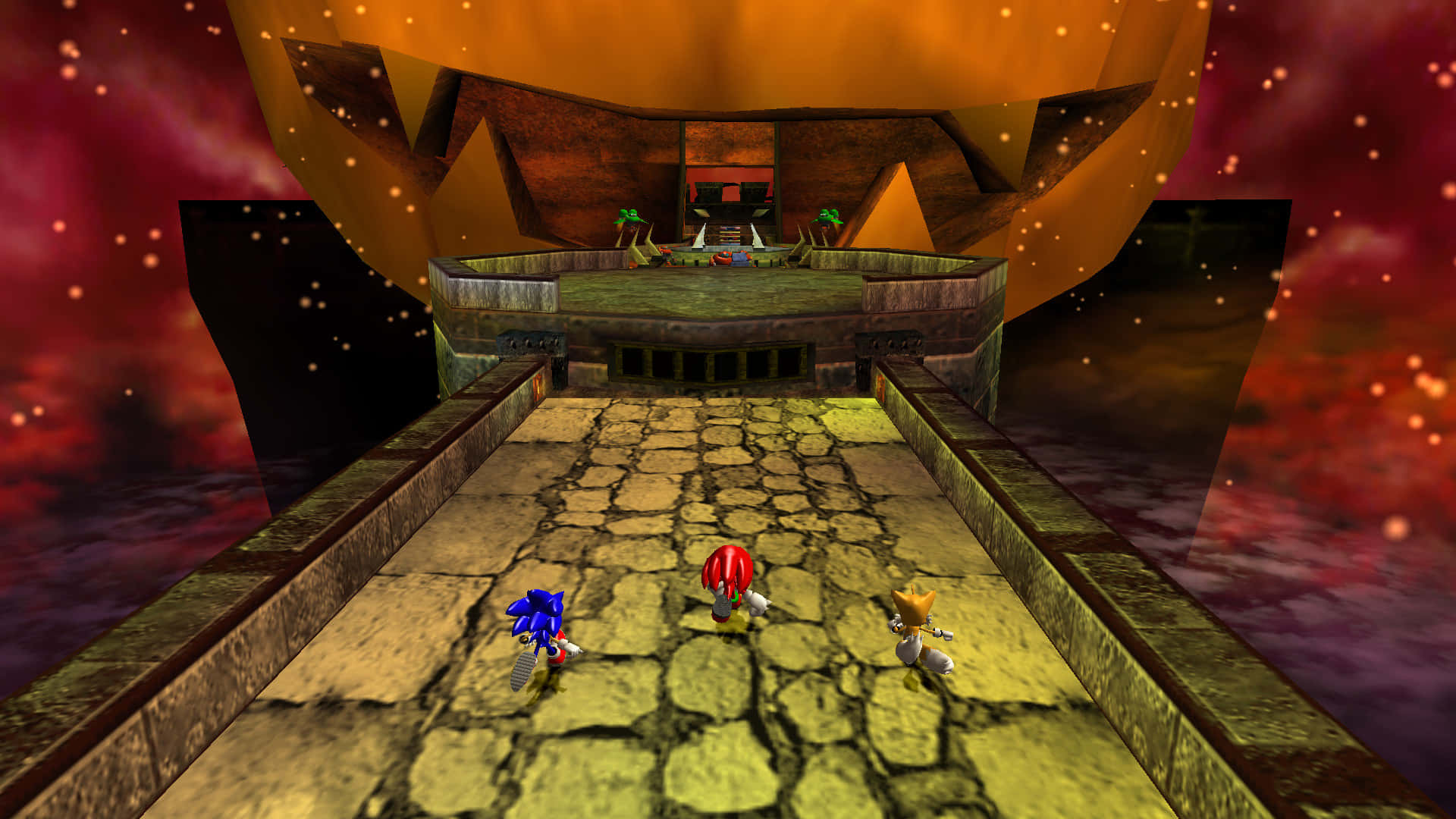 Sonic Mystic Mansion 桌布 壁紙 — 索尼克和他的朋友們在經典的3D渲染遊戲關卡中，在熾熱的外星天空下穿過石橋。