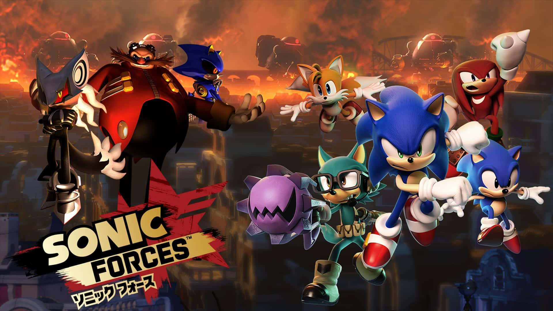 Sonic Forces Speed Battle 桌布 壁紙 — 索尼克和他的盟友在充滿火焰的反烏托邦城市景觀中疾馳，上演一場動感十足的動作場景。