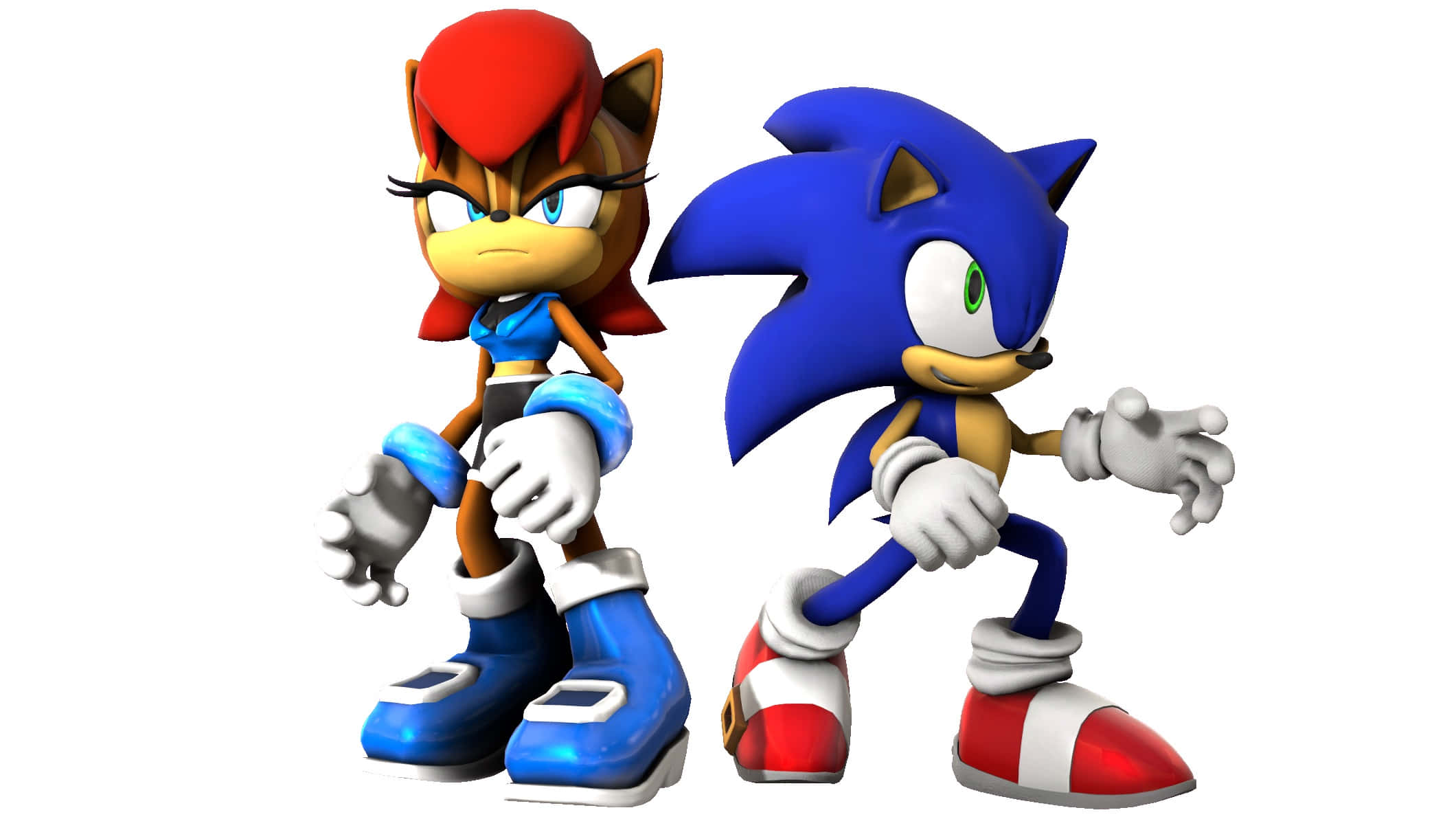 Sonic And Sally 桌布 壁紙 — 索尼克和他紅髮的雌性刺蝟同伴以動態姿勢並排站在純白色背景前。