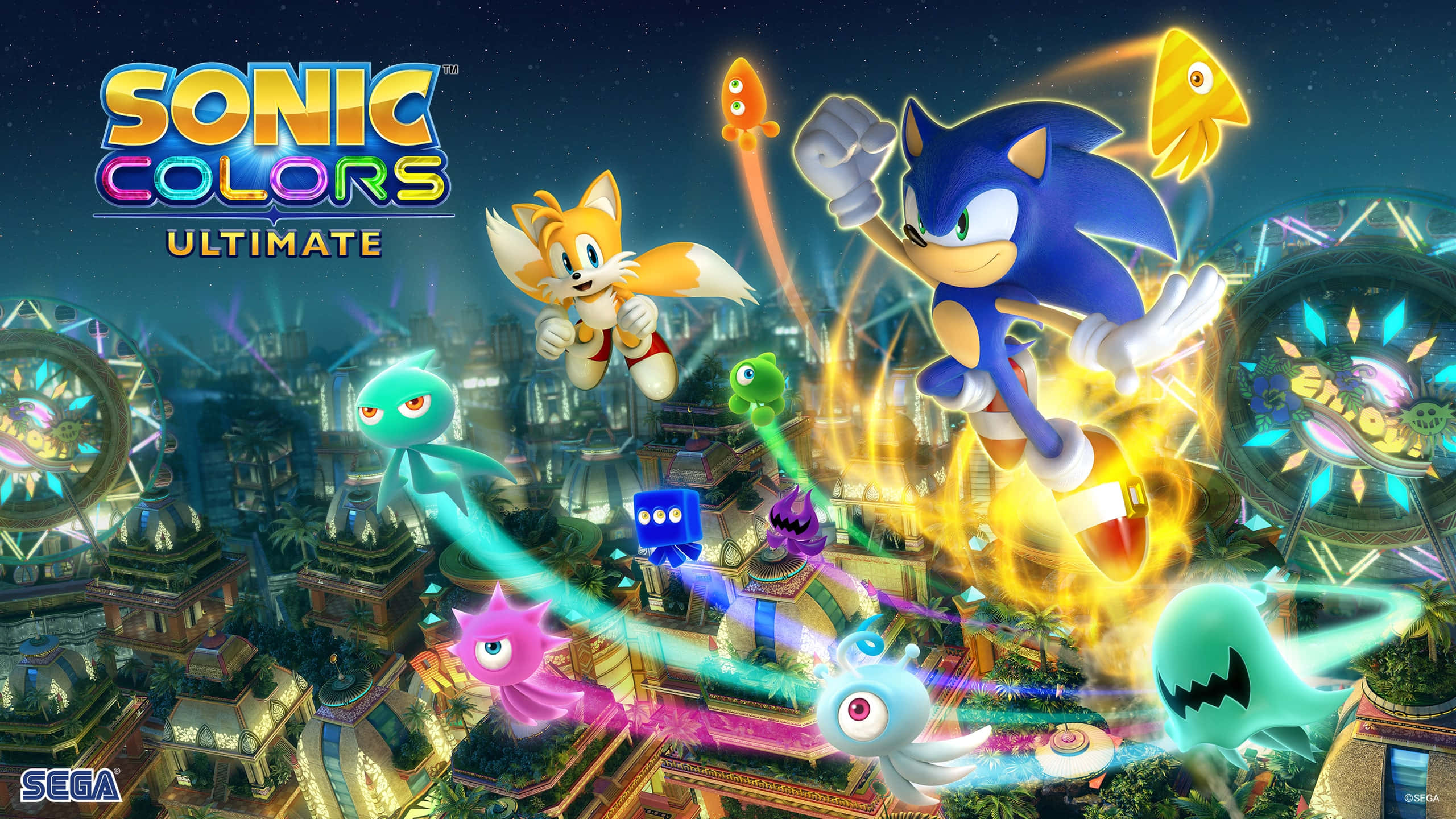 Sonic Colors 桌布 壁紙 — 索尼克和塔爾斯在夜晚穿過霓虹燈照亮的未來城市，周圍是色彩繽紛的發光敵人和充滿活力的能量軌跡。