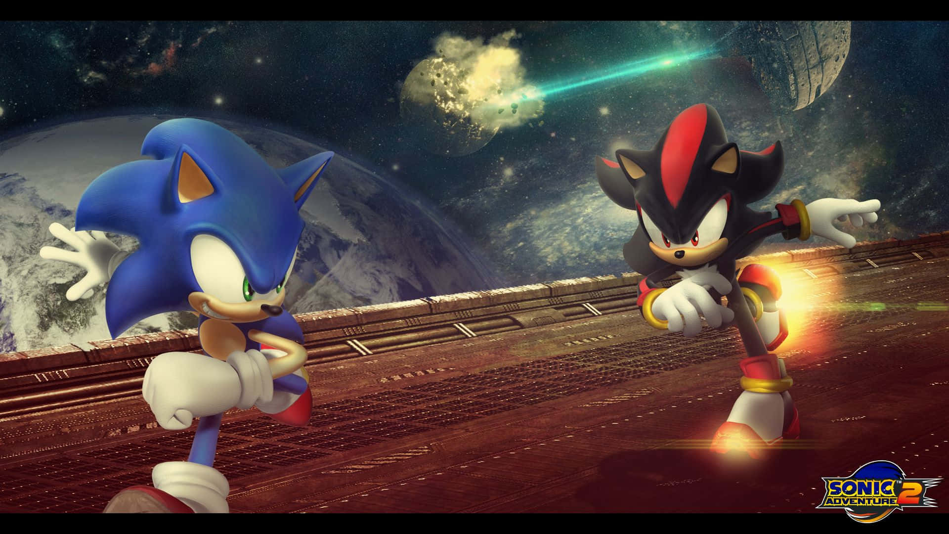 Sonic City Escape 桌布 壁紙 — 索尼克和夏特在宇宙火車軌道上對峙，星空背景中有地球和一顆發光的彗星。