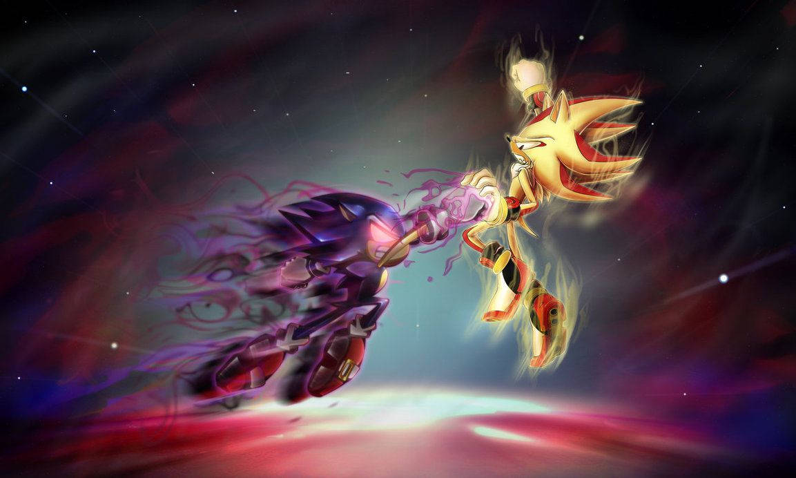Dark Sonic 桌布 壁紙 — 索尼克和夏特在星雲背景下以能量爆炸進行宇宙對決。