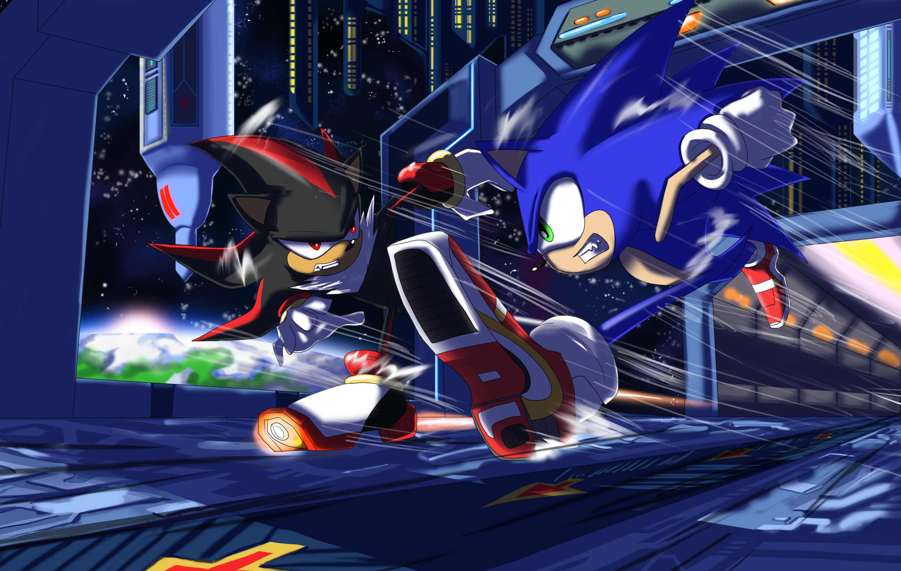 Sonic And Shadow 桌布 壁紙 — 索尼克和影子以高速穿越未來城市，帶有動態模糊和發光軌跡。