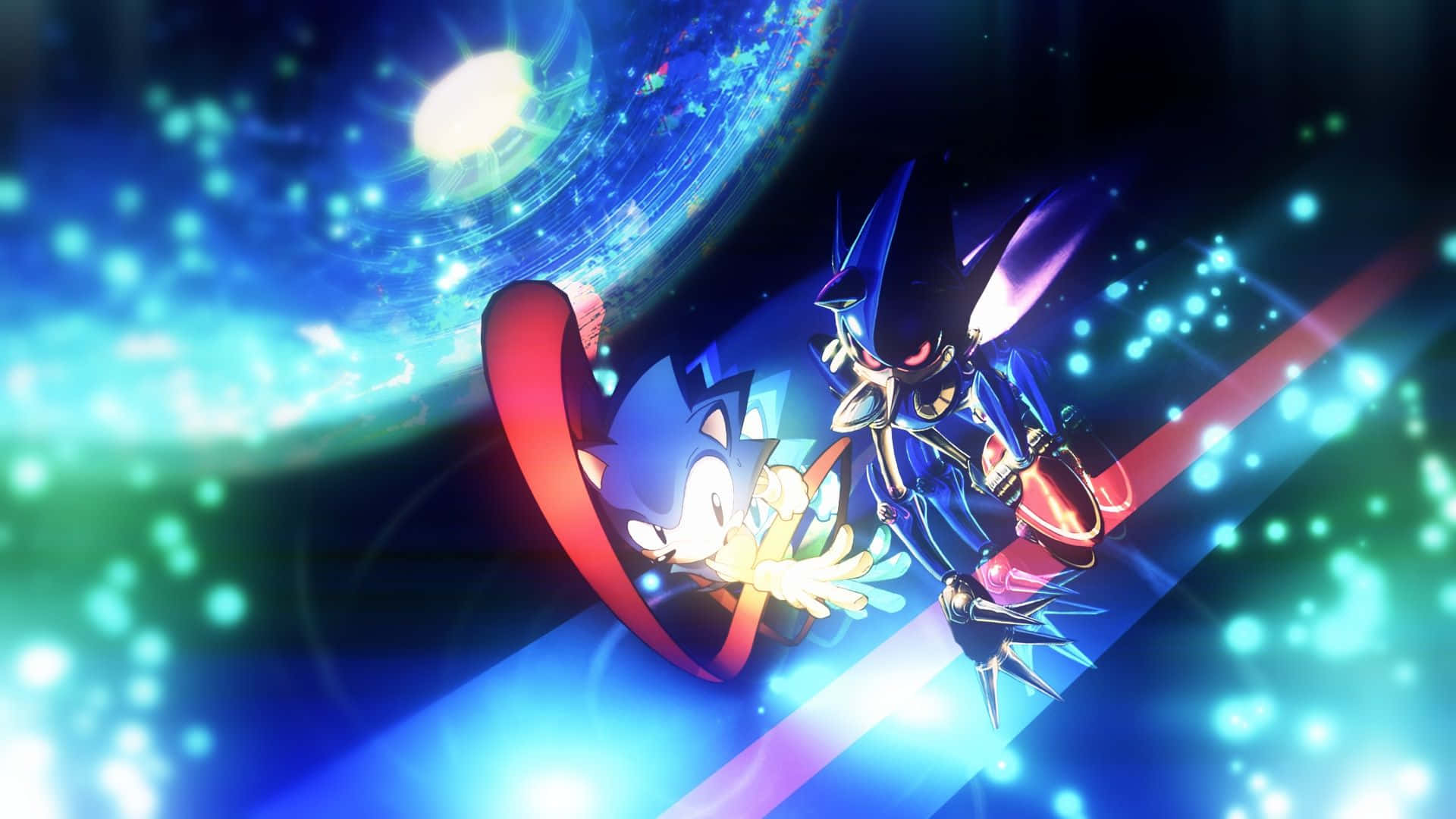 Sonic Cd 桌布 壁紙 — 索尼克和影子在星空背景下，穿過一條充滿發光藍色和綠色能量條紋的宇宙隧道。