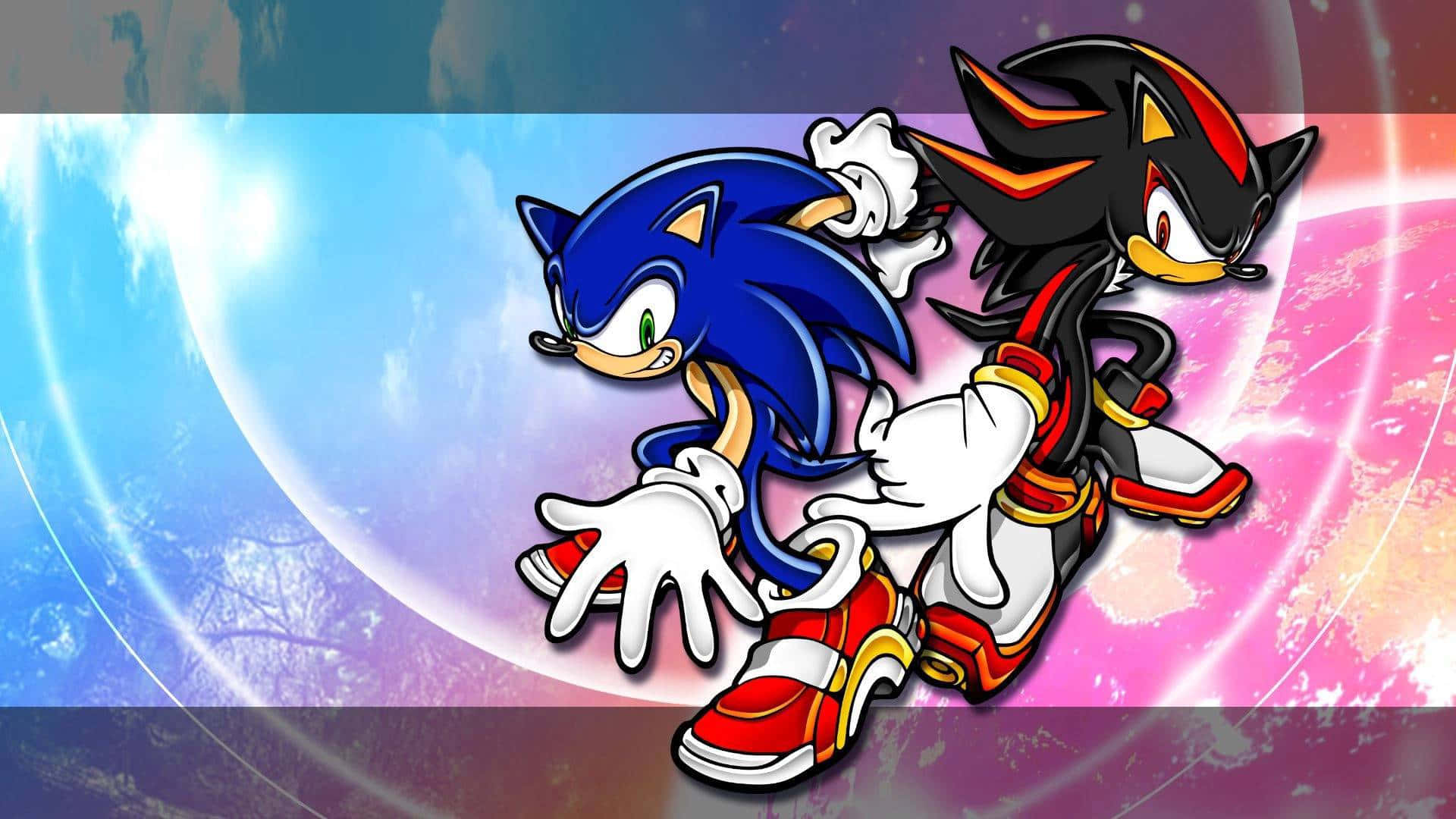 Sonic Fan Art 桌布 壁紙 — 索尼克和暗影刺蝟在旋轉的藍色和粉紅色能量的宇宙背景下動態競速。