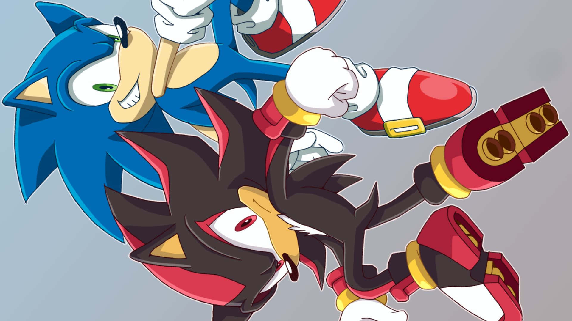 Sonic And Shadow 桌布 壁紙 — 索尼克和暗影刺蝟在鮮豔的動漫風格中，在純灰色背景上動態競速。