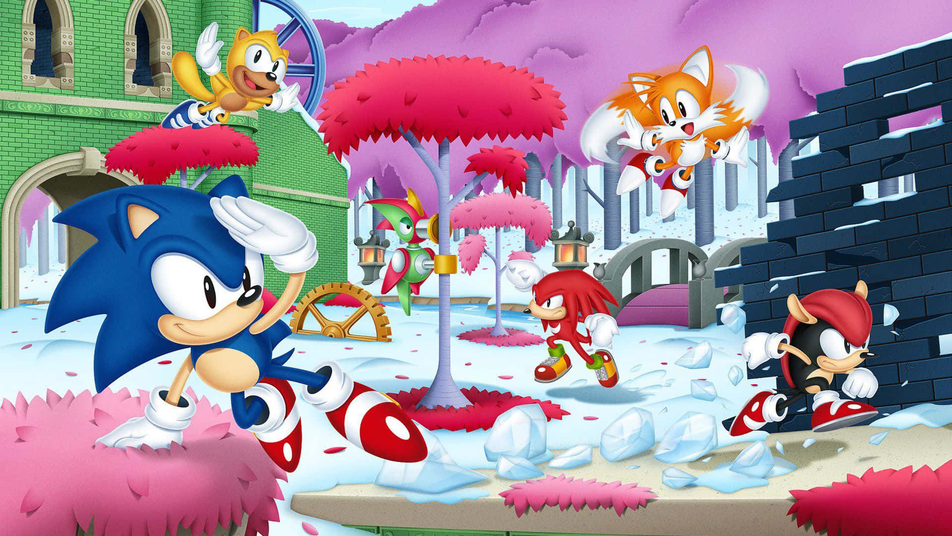 Sonic The Hedgehog 桌布 壁紙 — 索尼克和朋友們在一個充滿粉紅色樹木和冰凍地形的充滿活力的冬季仙境中競速。