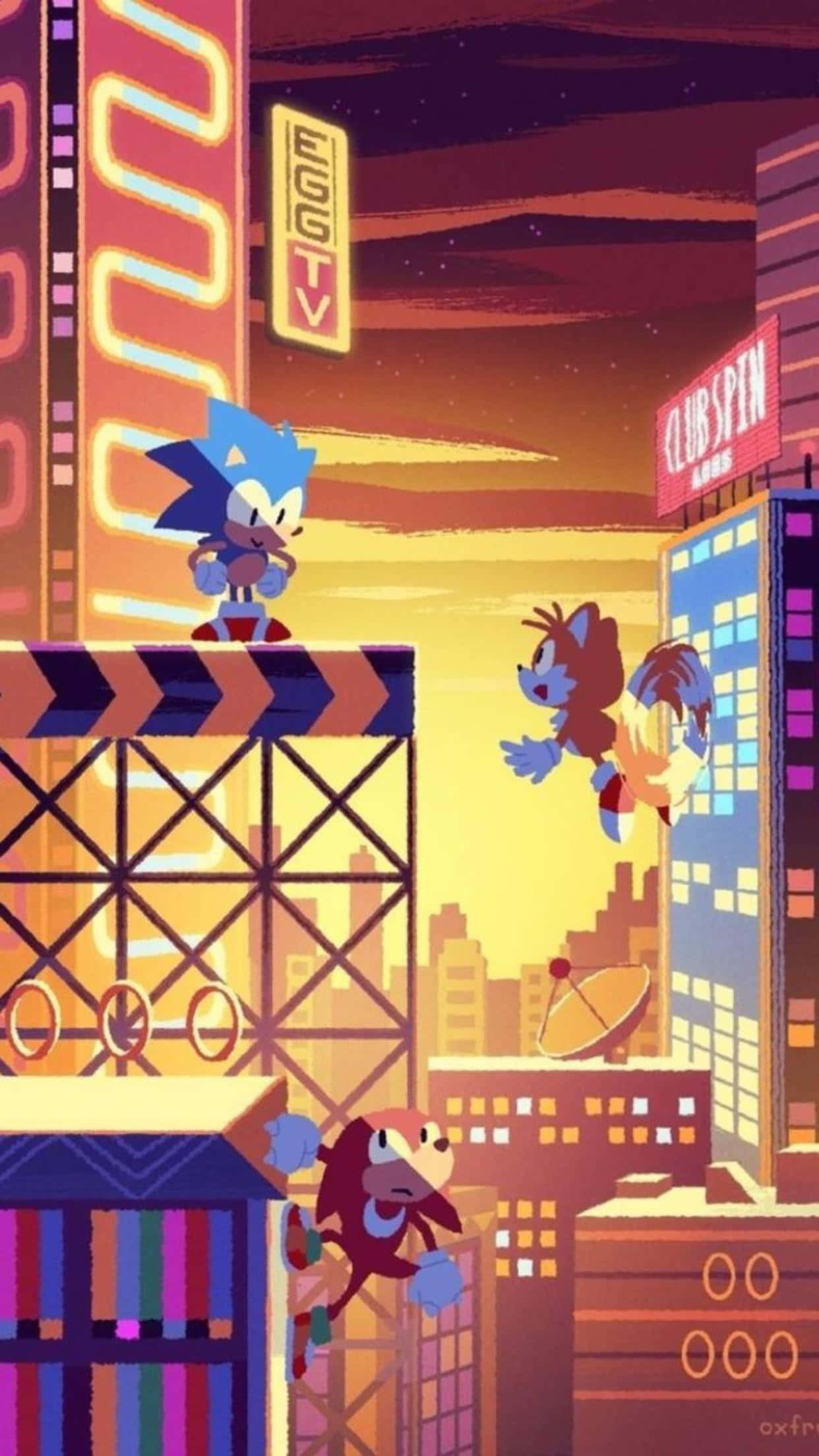 Sonic The Hedgehog 桌布 壁紙 — 索尼克和朋友們在日落時分穿過霓虹燈閃爍的城市景觀，伴隨著發光的招牌和鮮豔的色彩。