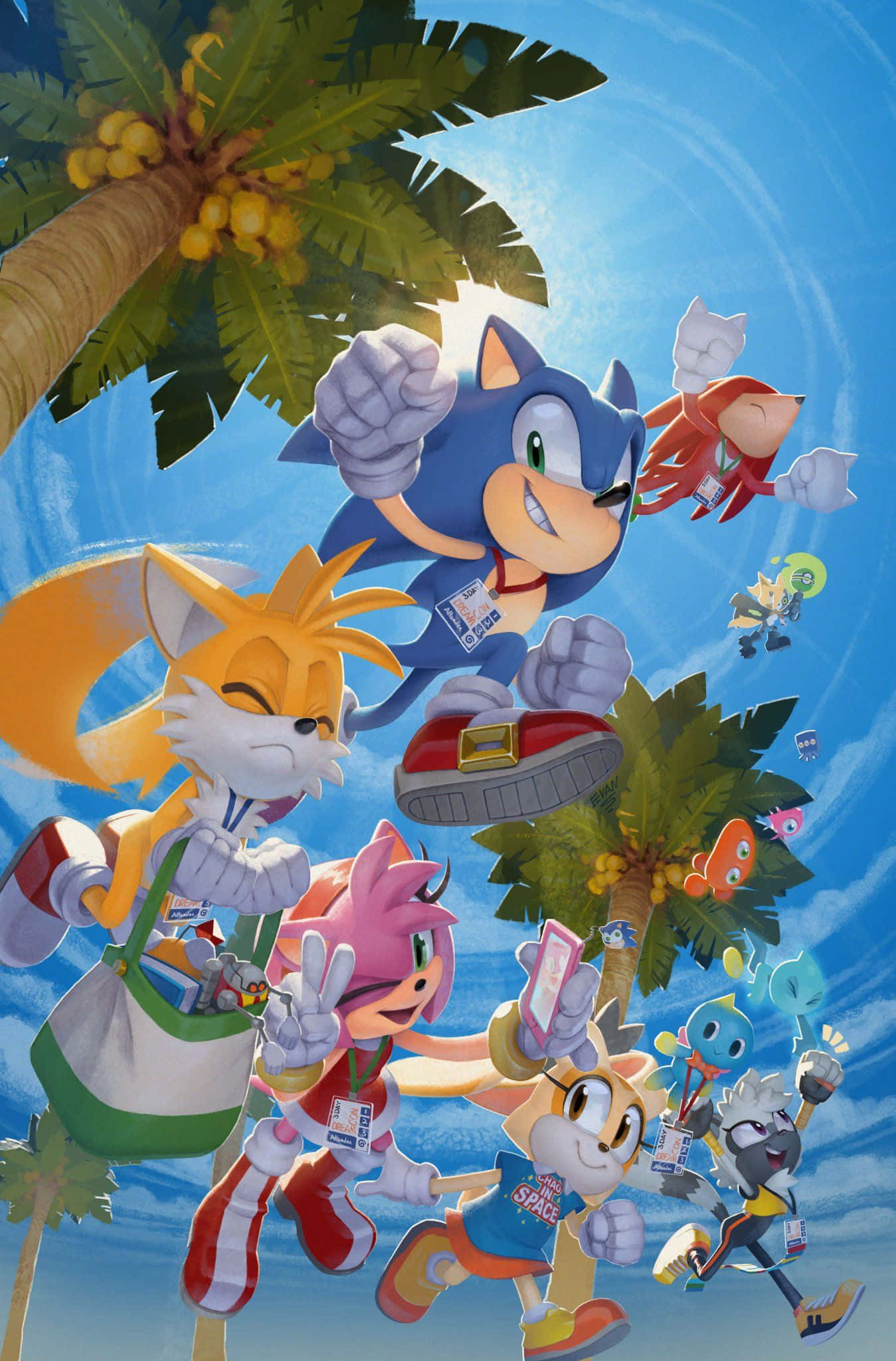Sonic The Hedgehog Characters 桌布 壁紙 — 索尼克和朋友們在明亮的藍天下，穿過一個充滿棕櫚樹和浮島的熱帶天堂飛馳。