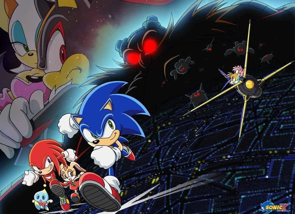 Sonic X 桌布 壁紙 — 索尼克和朋友們在星空下穿越宇宙戰場，對抗巨大的黑暗機器人和飛行無人機。