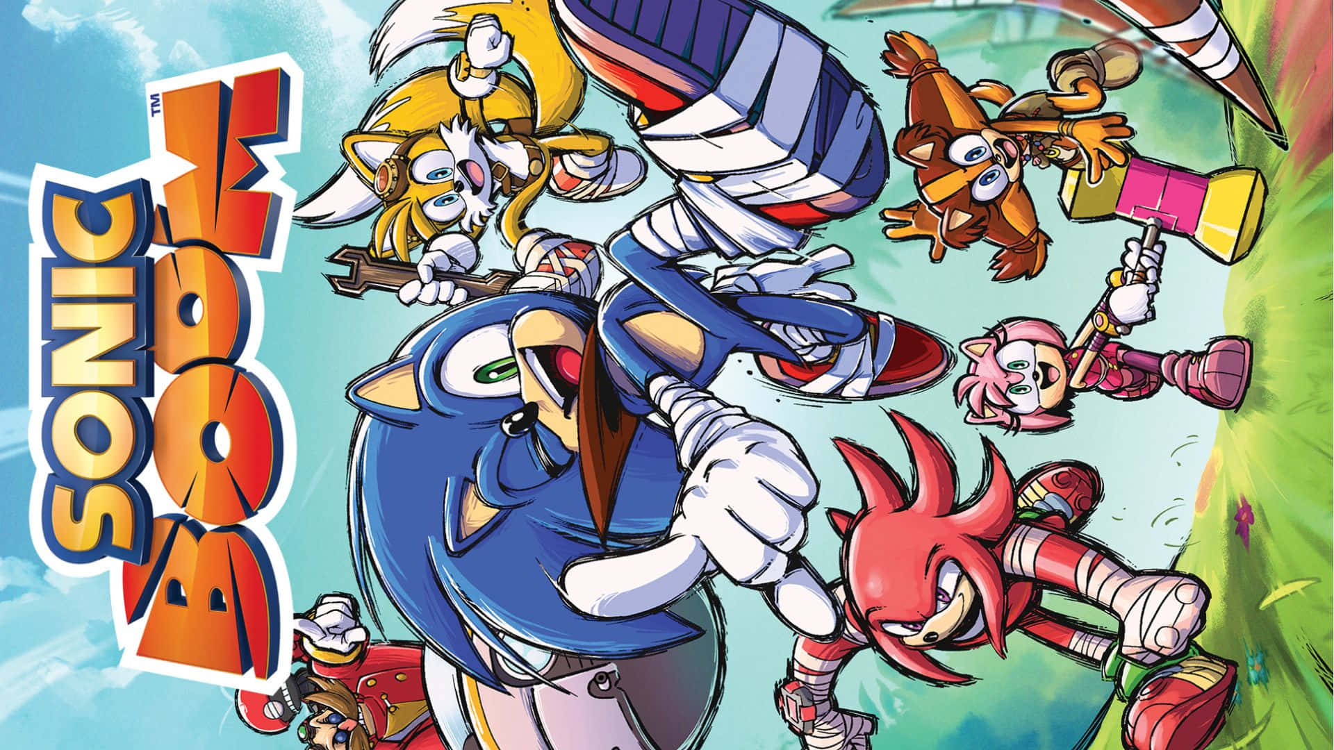 sonic boom 桌布 壁紙 — 索尼克和朋友們在色彩繽紛的卡通風景中動感奔馳，呈現高能量動作場景。