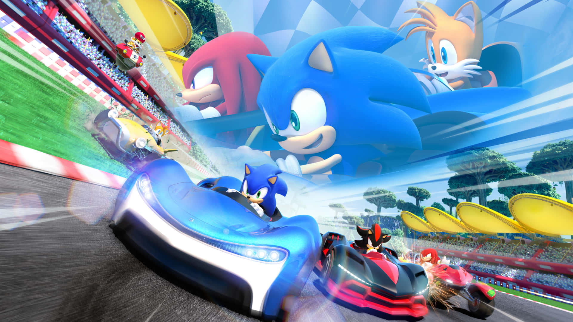 Sonic Battle Racers 桌布 壁紙 — 索尼克和朋友們在陽光明媚的賽道上駕駛充滿活力的未來賽車，伴隨著歡呼的人群和茂密的綠樹。