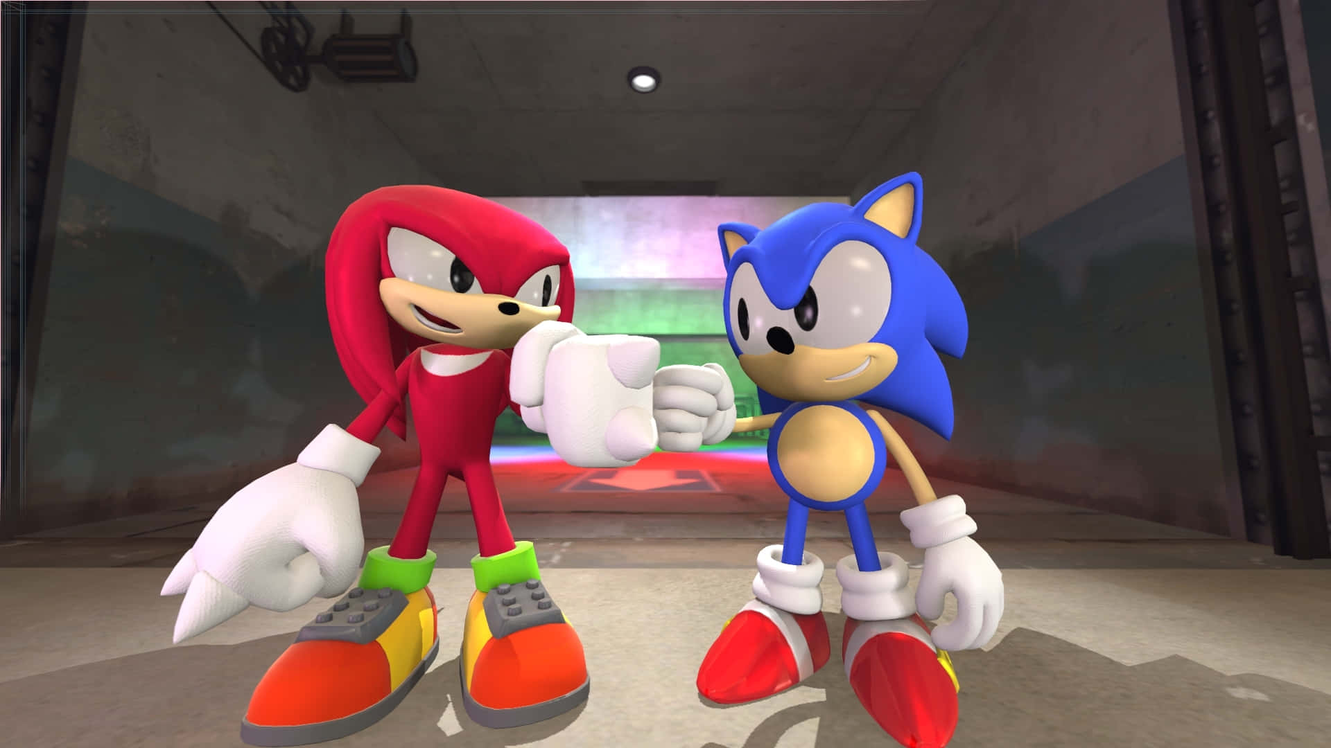Sonic And Knuckles 桌布 壁紙 — 索尼克和納克魯斯在一個粗糙的工業環境中友好地碰拳，背景是色彩繽紛的霓虹燈。
