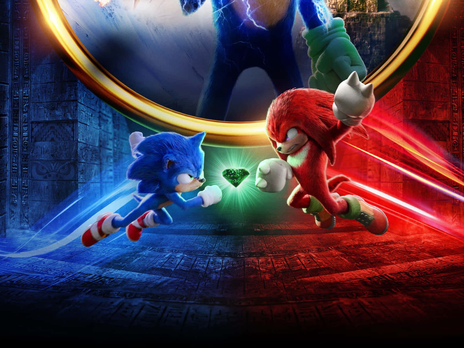 Modern Sonic 桌布 壁紙 — 索尼克和納克魯斯在古老神殿的戲劇性對決中，奔向一顆發光的綠色翡翠。