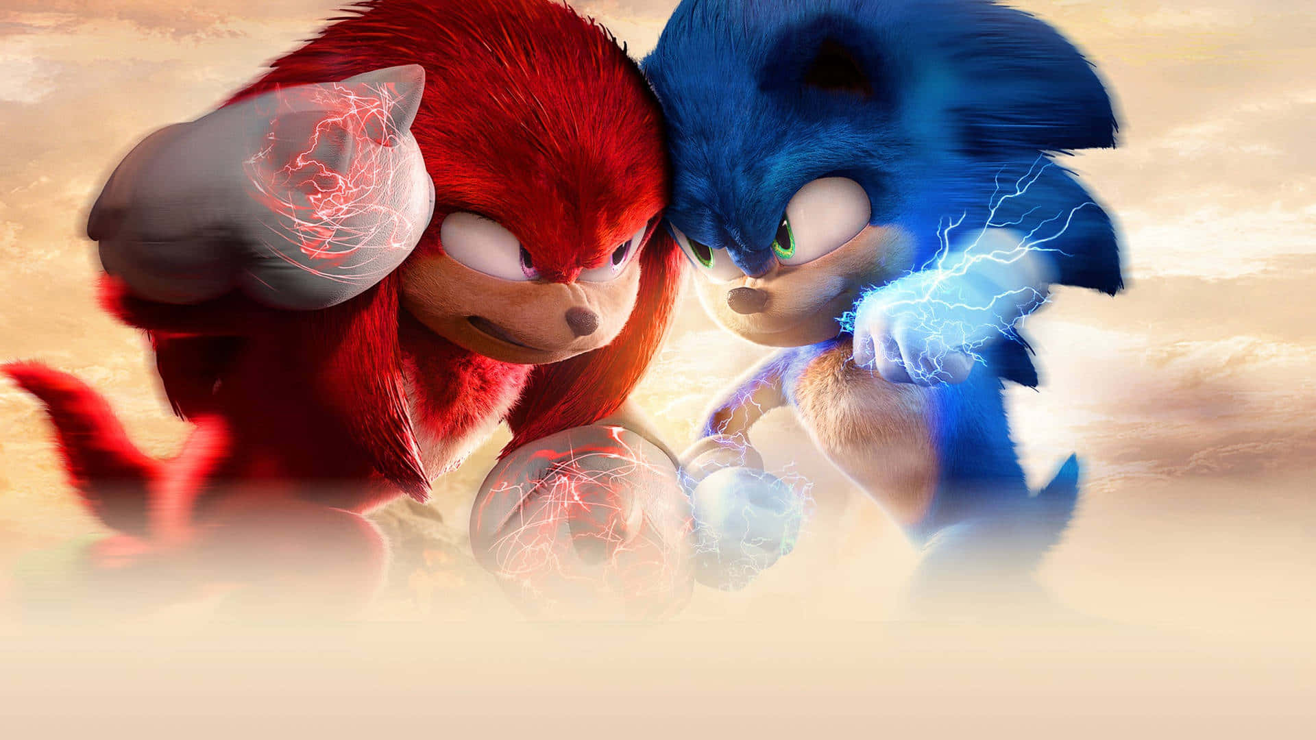 Sonic Art 桌布 壁紙 — 索尼克和納克魯斯在朦朧的金色天空下，以藍色和紅色能量的戲劇性碰撞對峙。