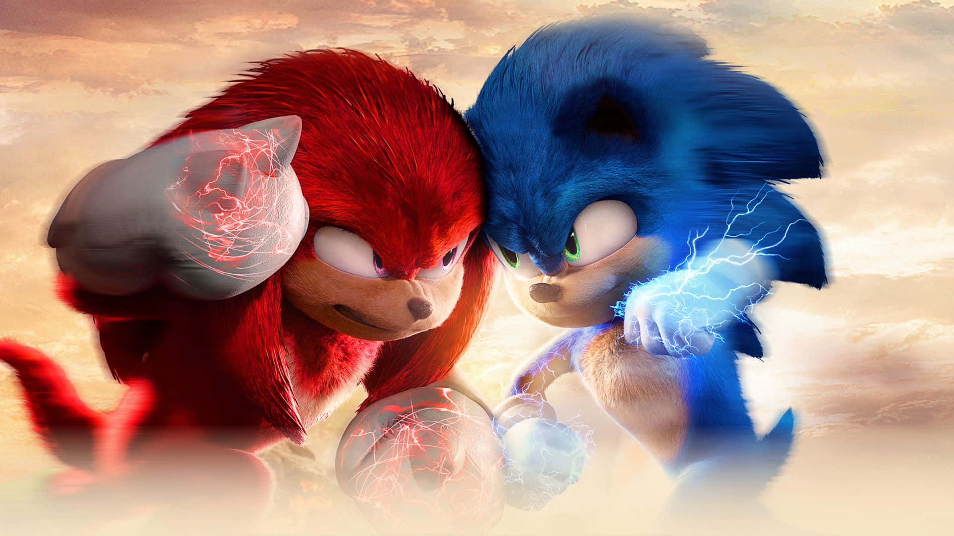 Sonic And Knuckles 桌布 壁紙 — 索尼克和納克魯斯在金色天空下對峙，兩人之間有劈啪作響的能量，展開一場戲劇性的對決。