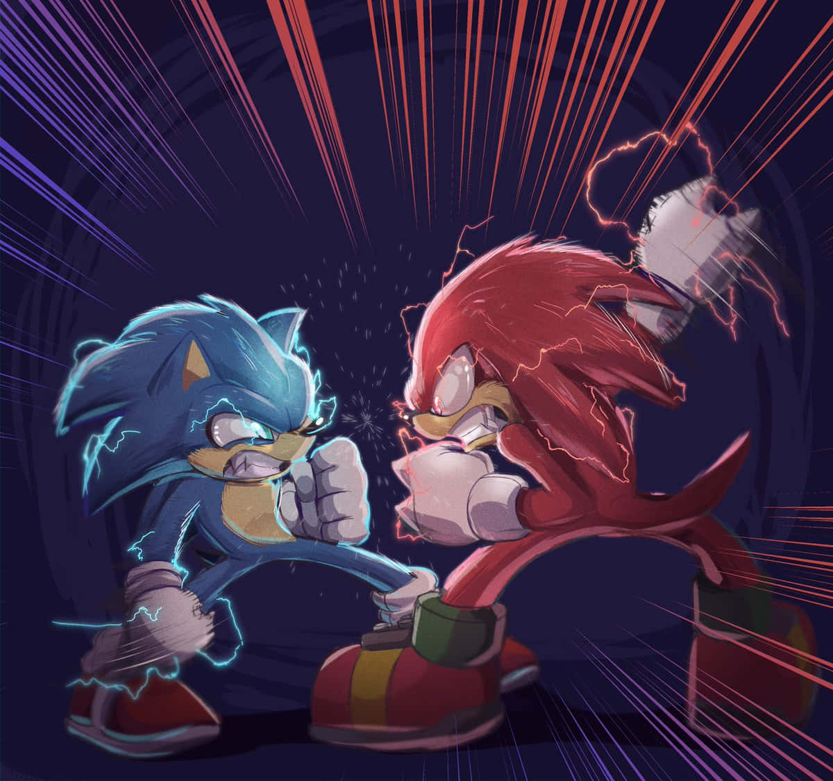 Sonic And Knuckles 桌布 壁紙 — 索尼克和納克魯斯在黑暗背景下，以充滿電能的動漫風格激烈碰撞，電光四射。