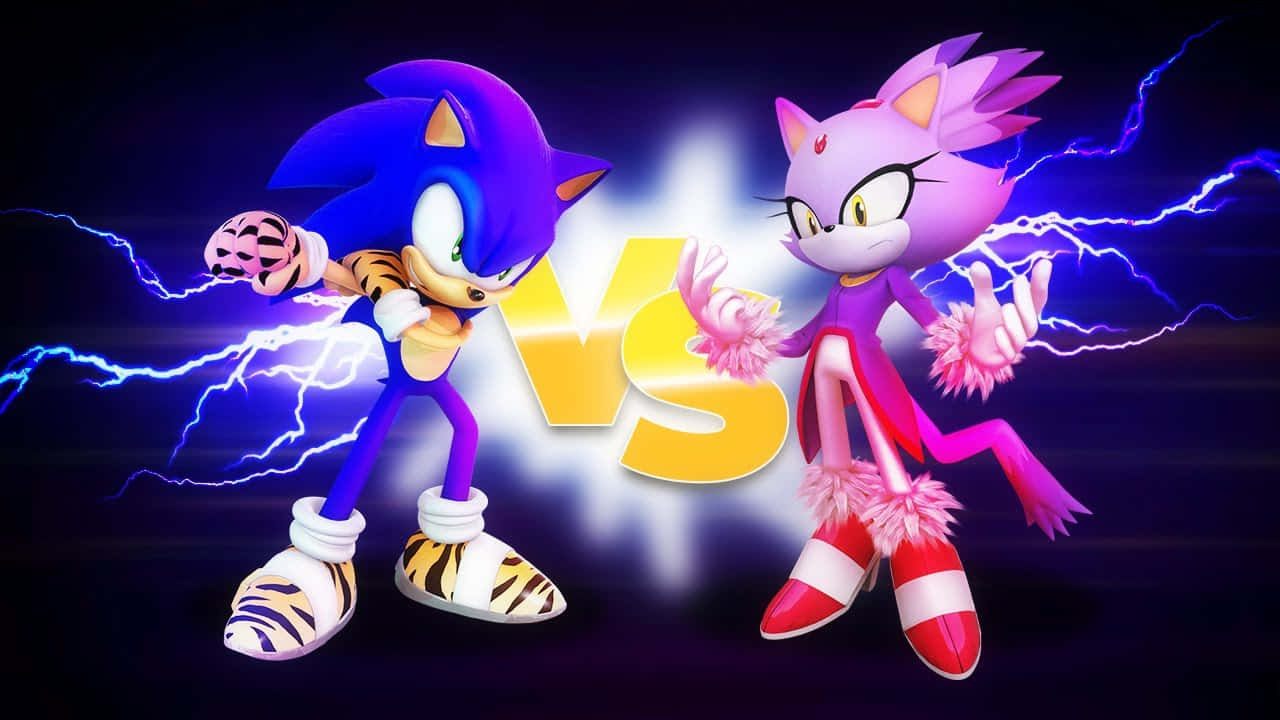Sonic And Blaze 桌布 壁紙 — 索尼克和艾咪·羅斯在黑暗背景下，閃電環繞的動態戰鬥場景中對峙。